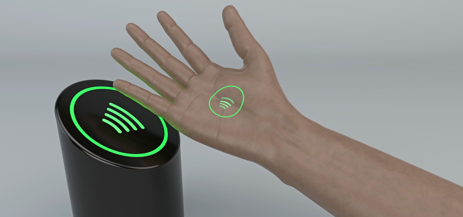 NFC-Implantat in der Hand vor schwarzem NFC-Scanner