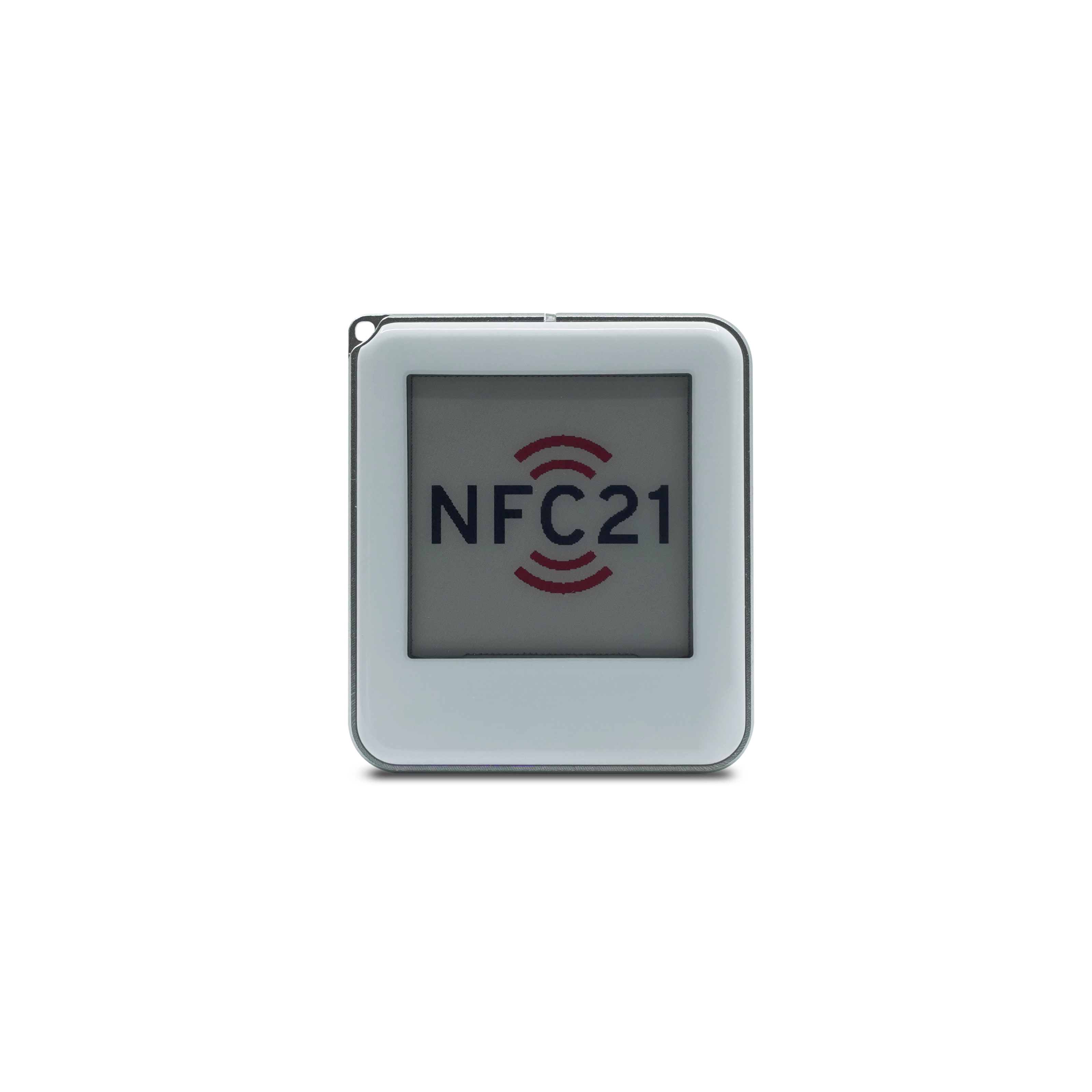 Vorderseite des NFC e-Paper  Anhänger in weiß  mit NFC21 Aufschrift im Display