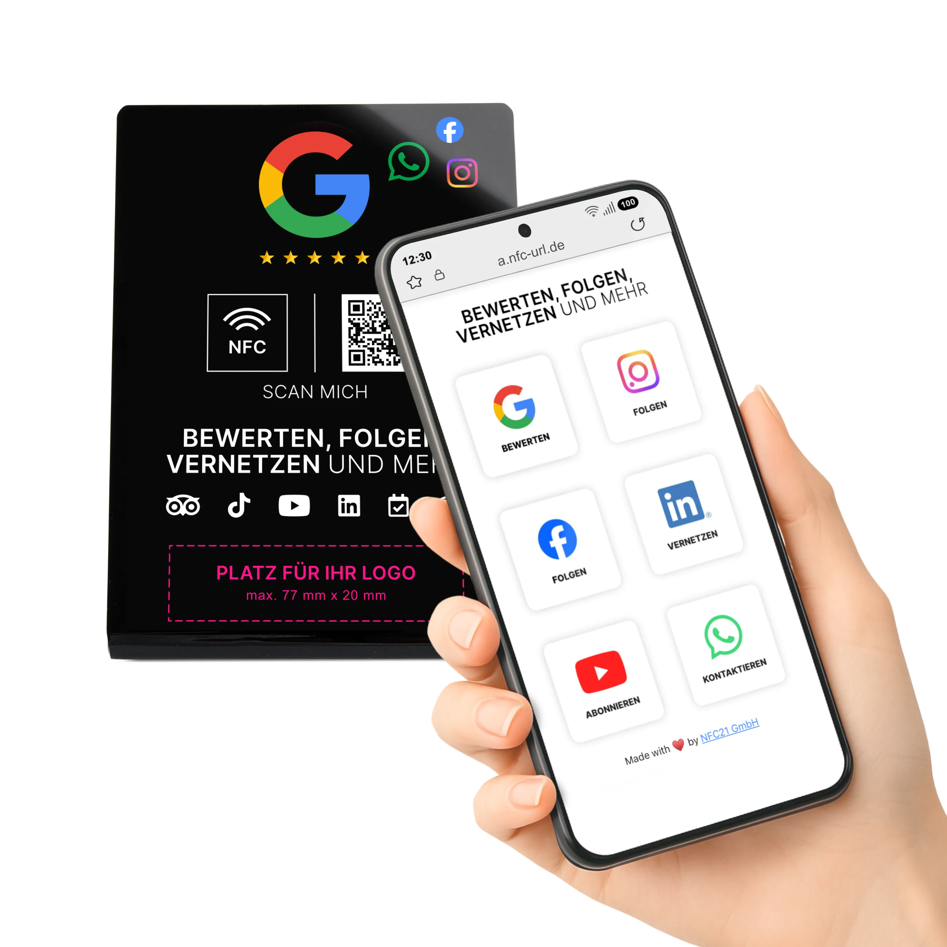 Multi-Link NFC Stand - Logo Print - Acrylic - 110 x 150 mm - Black Glossy
