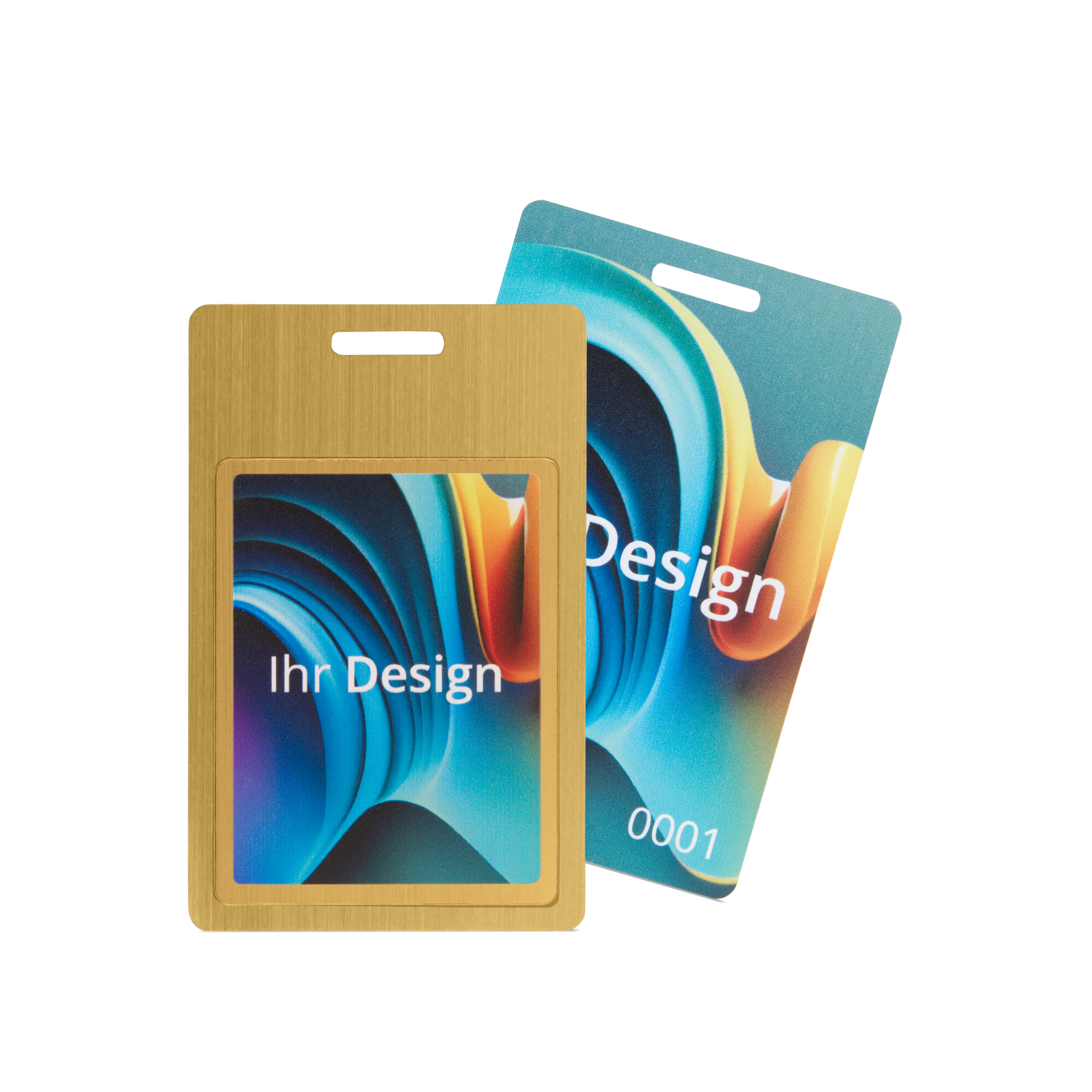 NFC Karte Metall beidseitig bedruckt - 85,6 x 54 mm - NTAG213 - 180 Byte - gold - Hochformat mit Schlitz