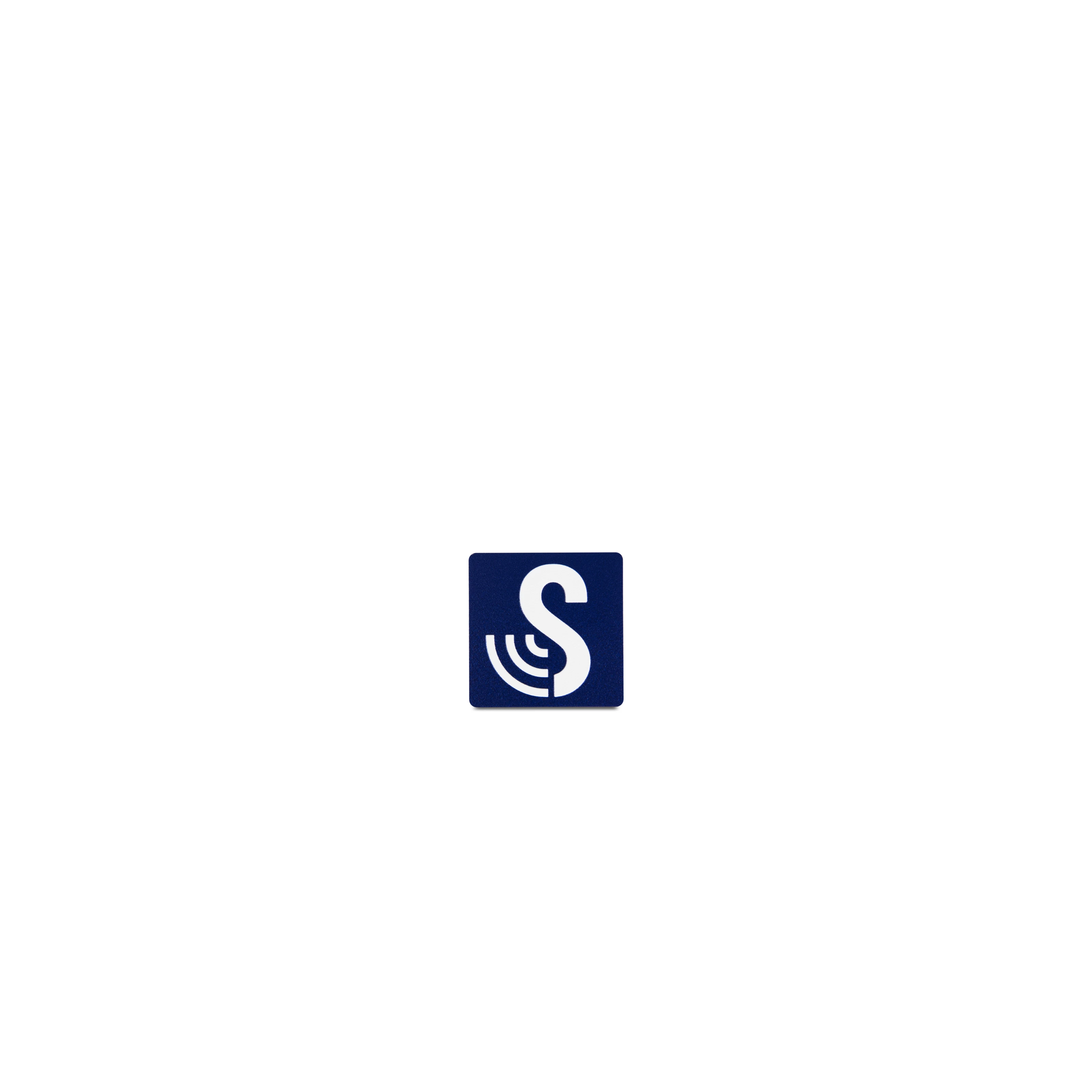 Front view of the reusable square SenseTap sticker. The sticker measures 15 × 15 mm. It is dark blue and features the SenseTap logo, which consists of a large white S with three curved lines extending to the left.