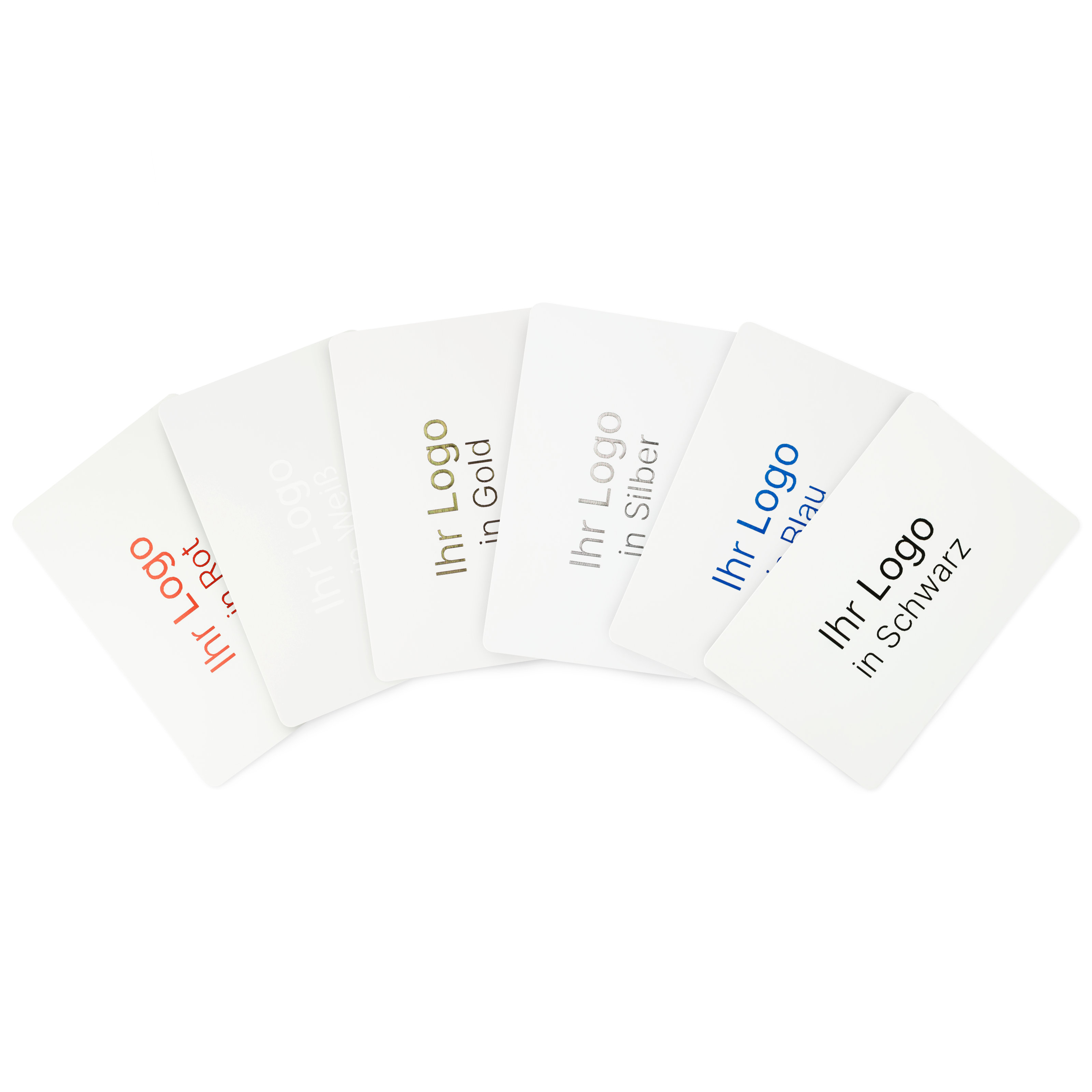 Gruppenbild von weißen NFC Karten mit den verschiedenen Druckfarben
