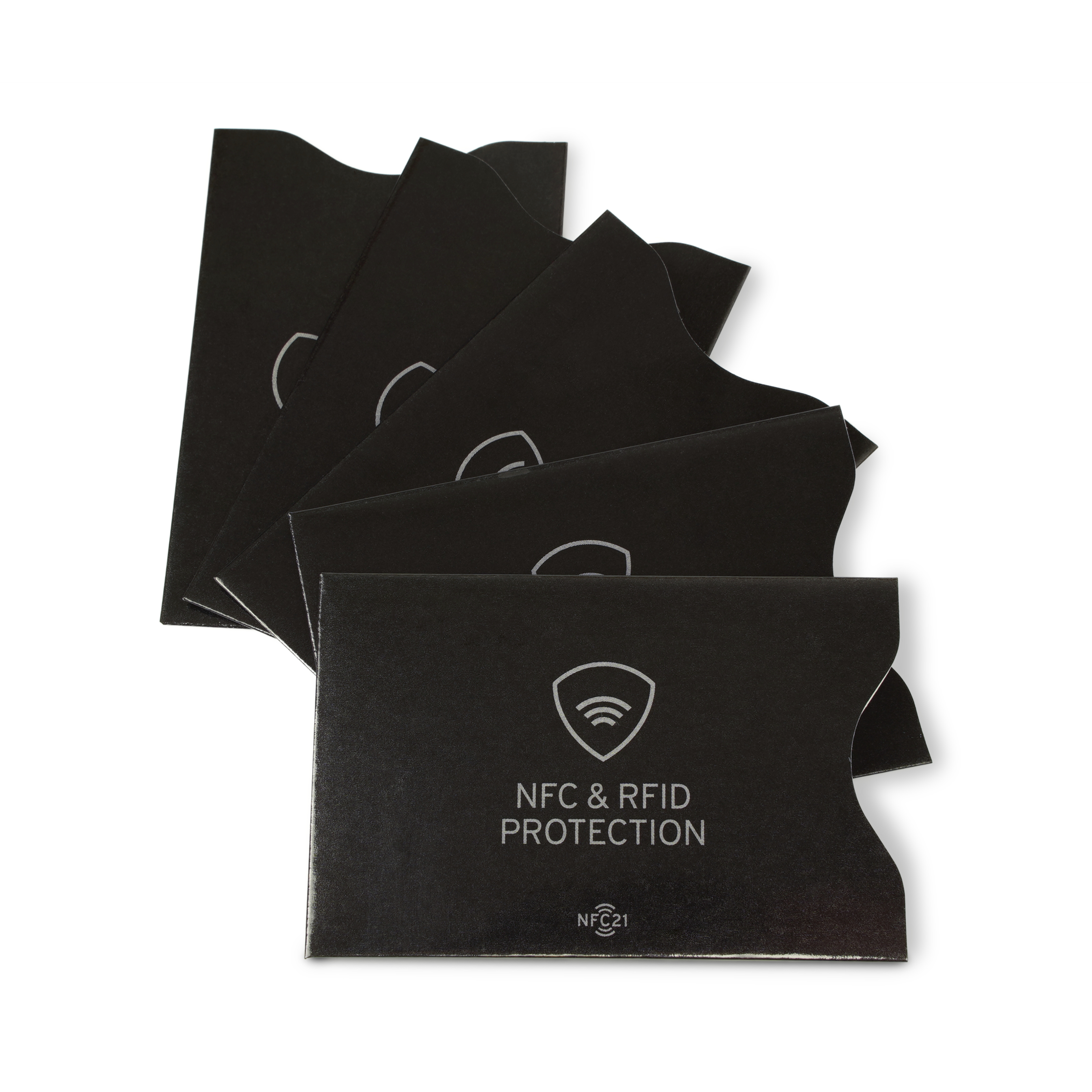 Gruppenbild mit fünf NFC- und RFID Schutzhüllen für NFC Karten in schwarz