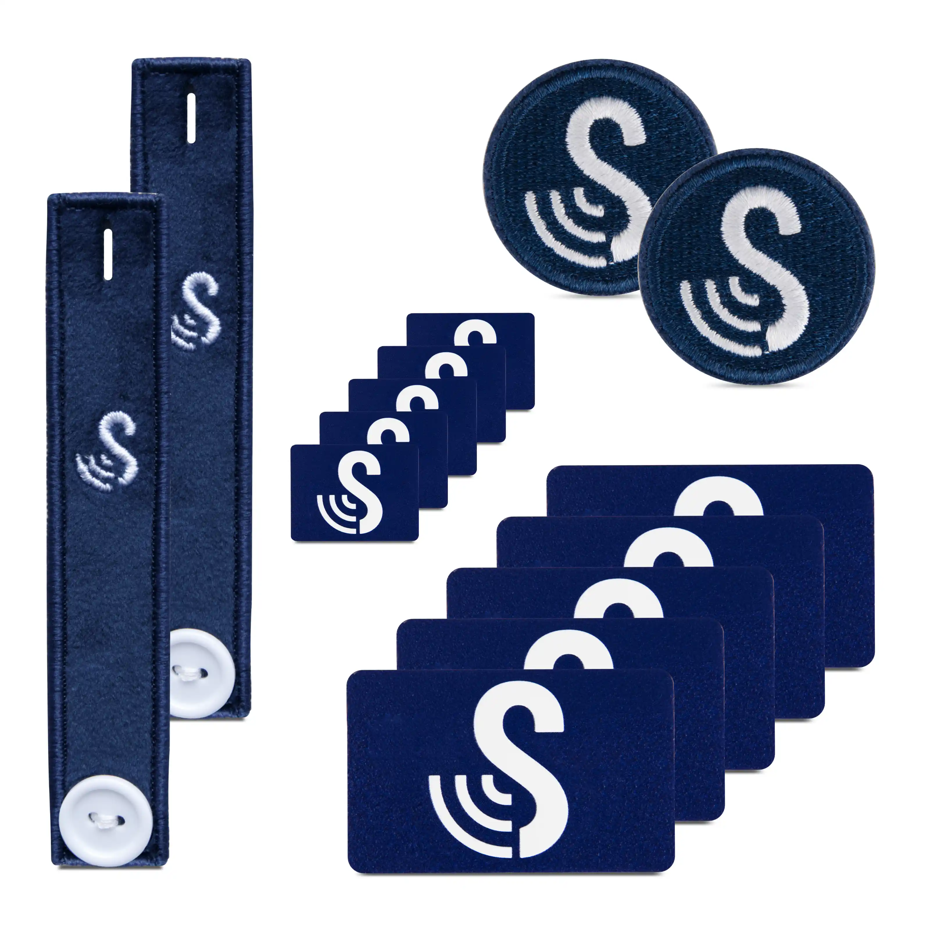 The SenseTap Starter Set is shown and consists of two textile loops with buttons, two round iron-on tags, and ten standard stickers in small and large sizes. All tags are dark blue and feature the SenseTap logo.