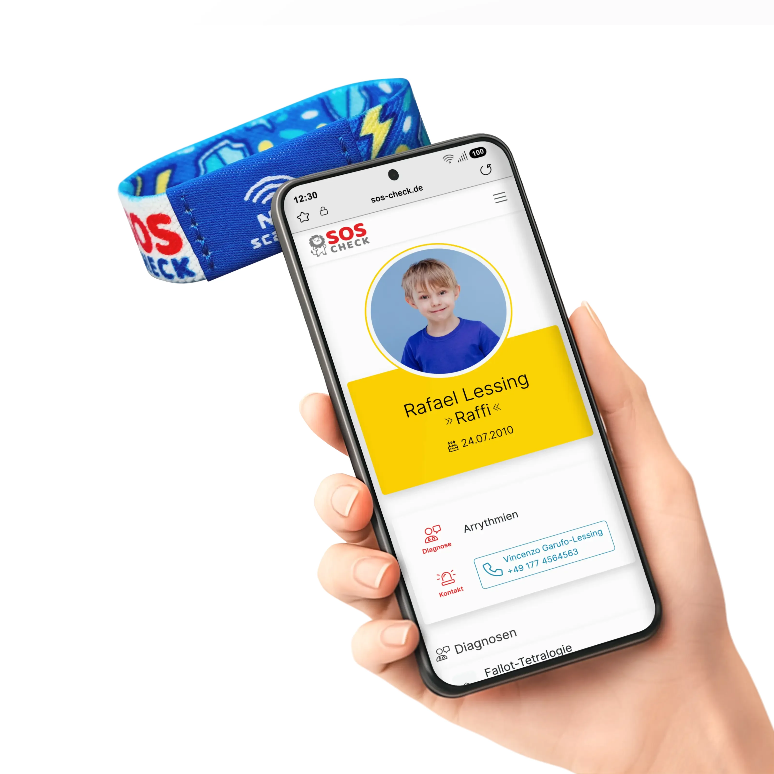 SOS-Check Wristband Kids - Smart Emergency Bracelet - Fabric – 150 x 15 mm - Blue