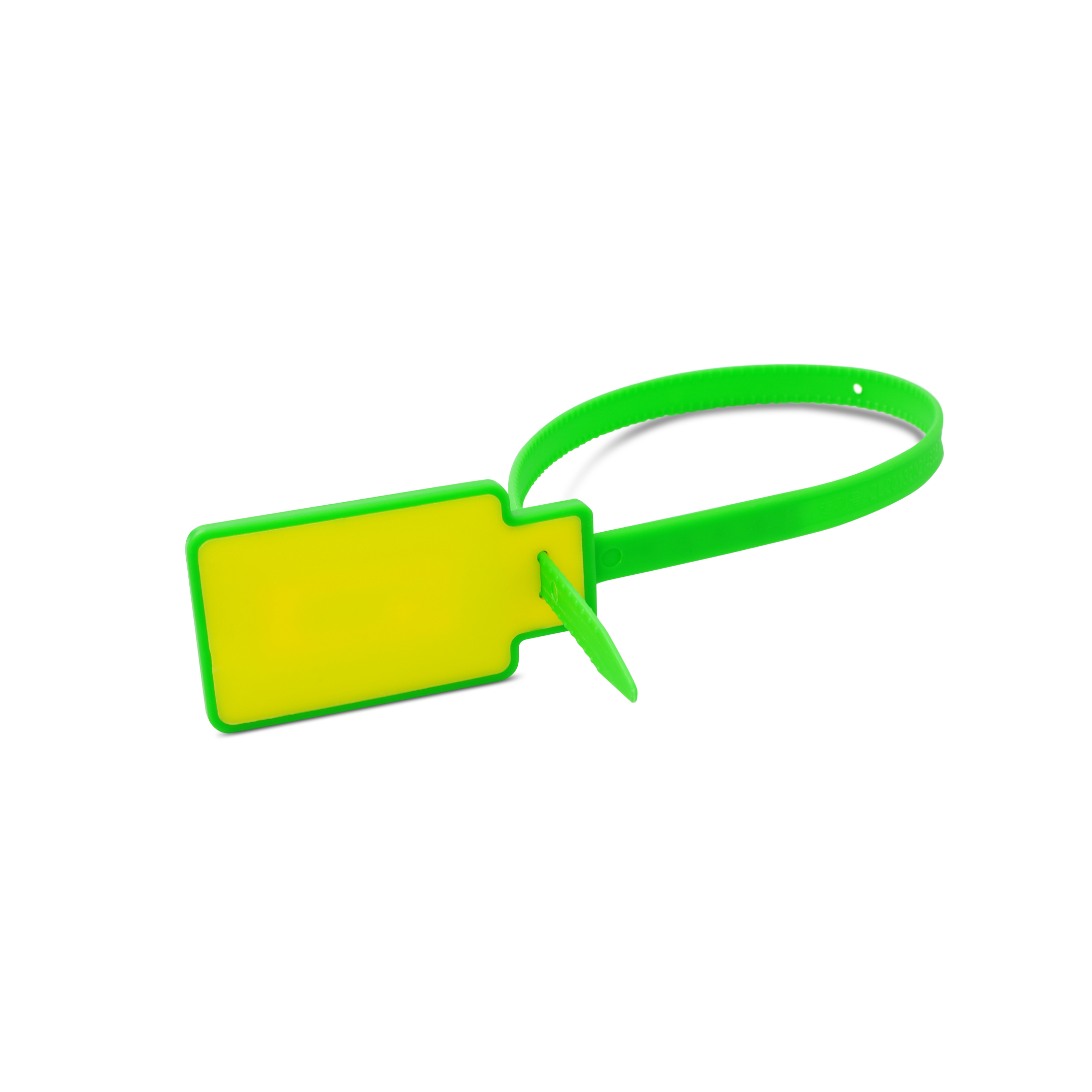 Seitlich liegender NFC Kabelbinder aus PVC in grün und gelb