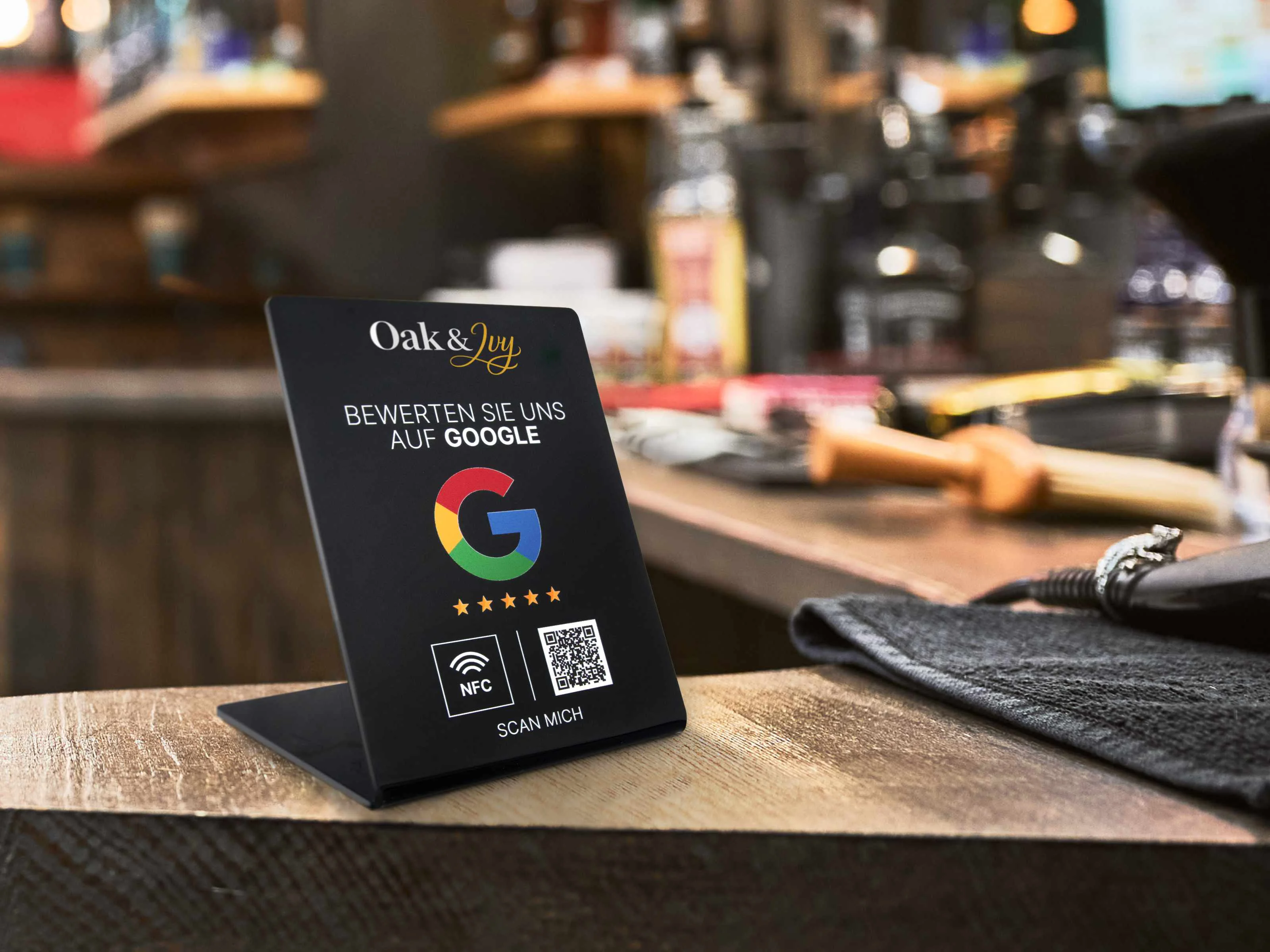 Google Bewertung NFC Aufsteller - Logodruck oben - Acryl - 110 x 150 mm - schwarz glänzend