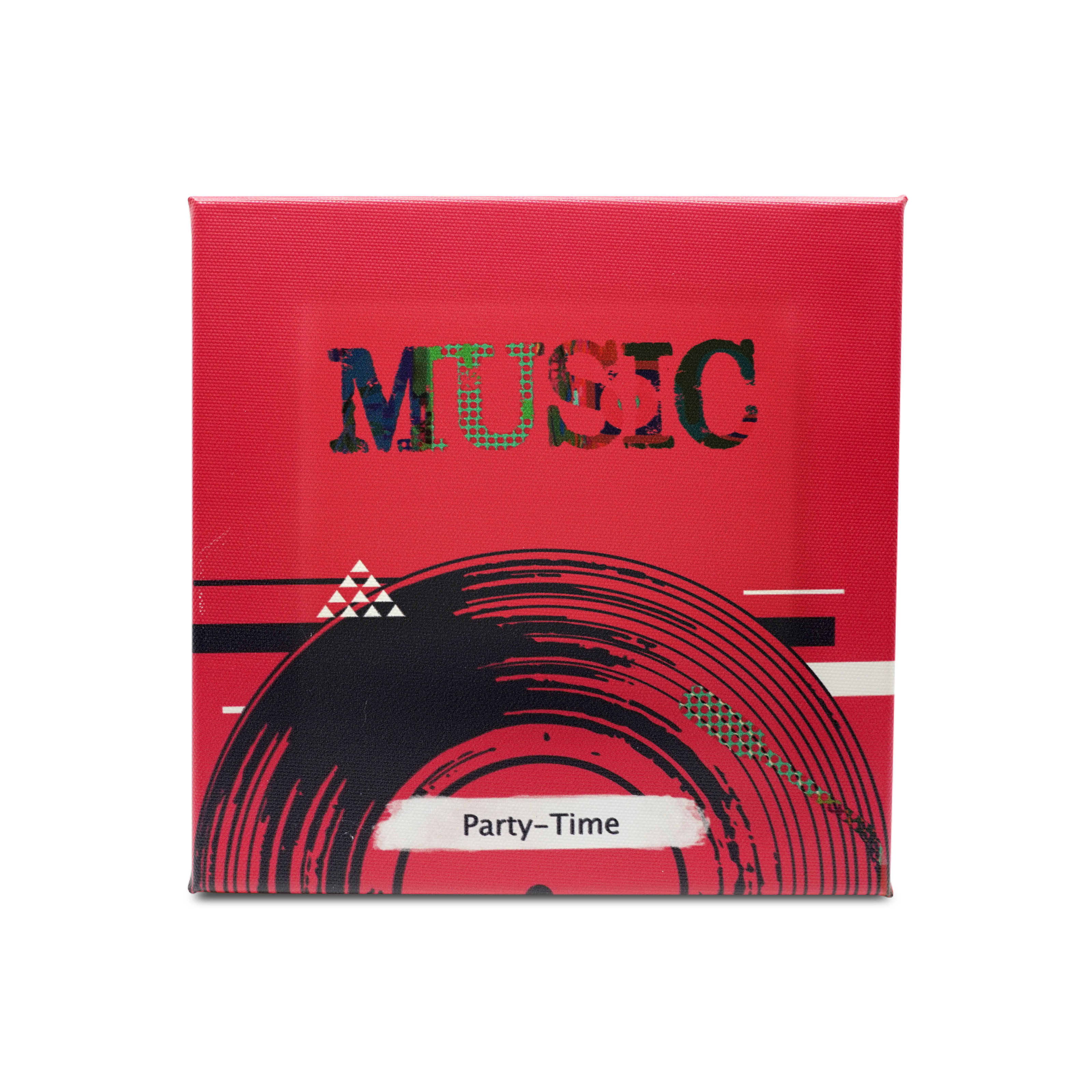 NFC Vibes "Party Time" Musikbildwand mit dem Design Schallplatte auf rotem Hintergrund