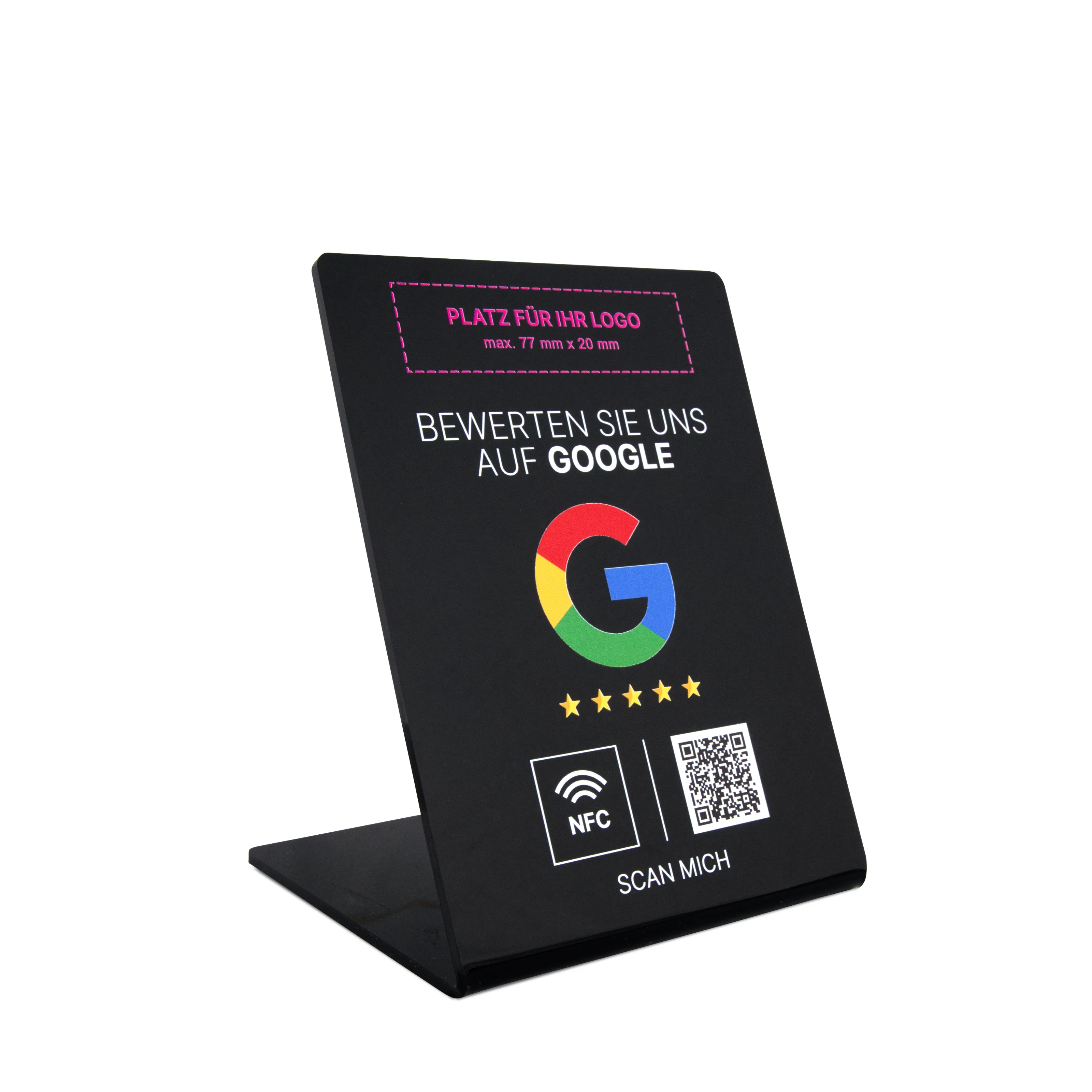Google Bewertung NFC Aufsteller - Logodruck oben - Acryl - 110 x 150 mm - schwarz glänzend