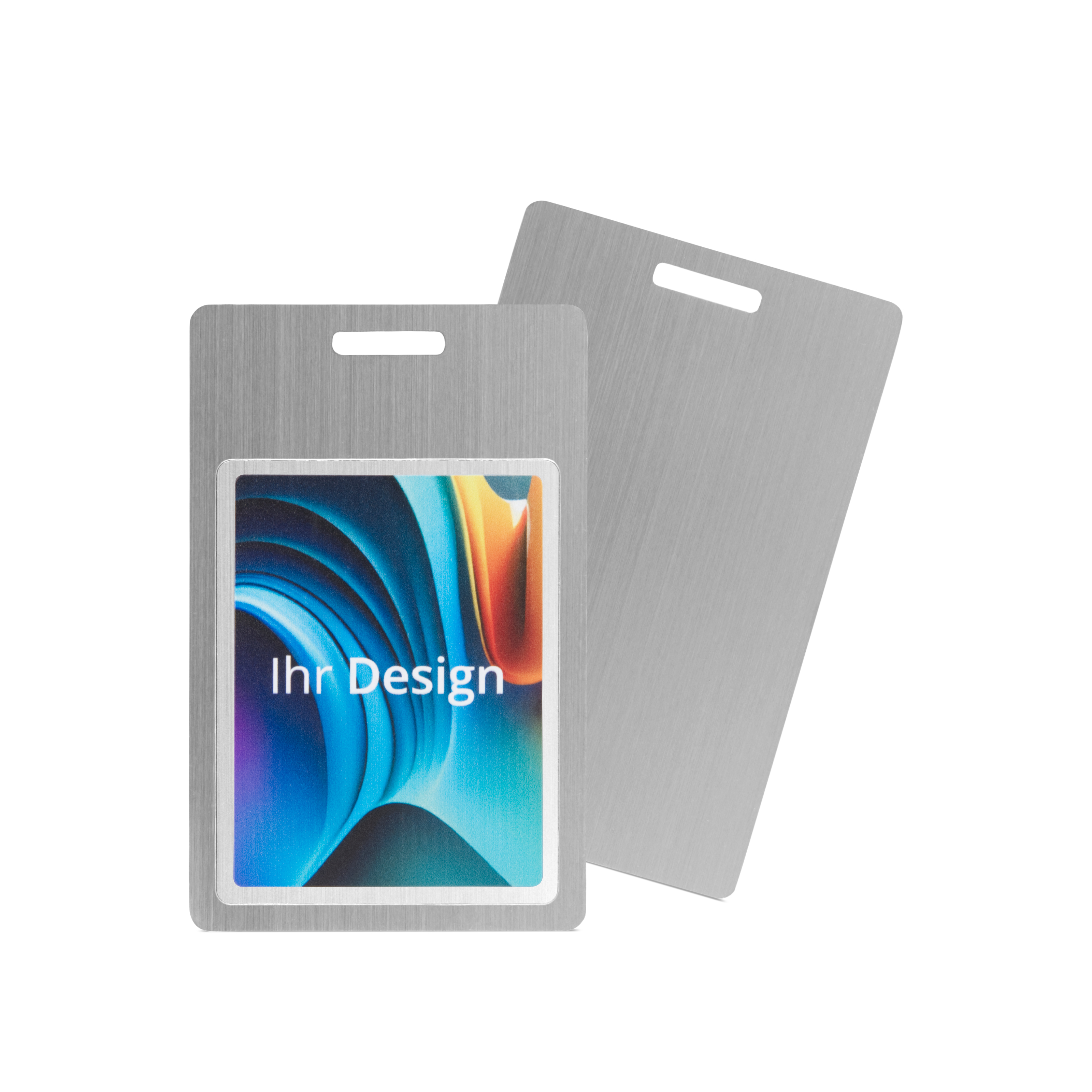 NFC card metal printed on one side - 85,6 x 54 mm - NTAG213 - 180 bytes - silver - portrait format with slot