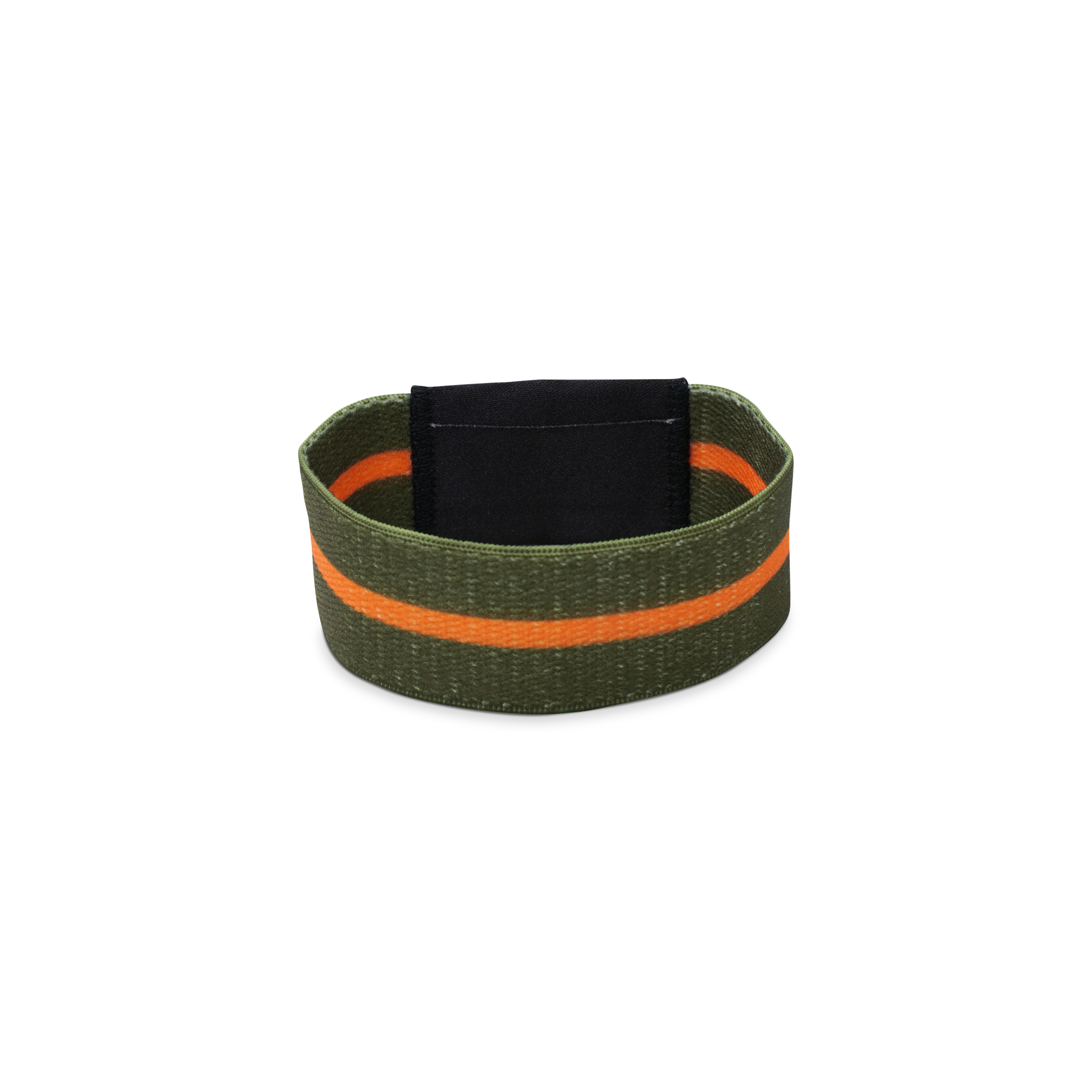 Rückseite NFC Armband aus grünem Stoff mit orangenem Streifen