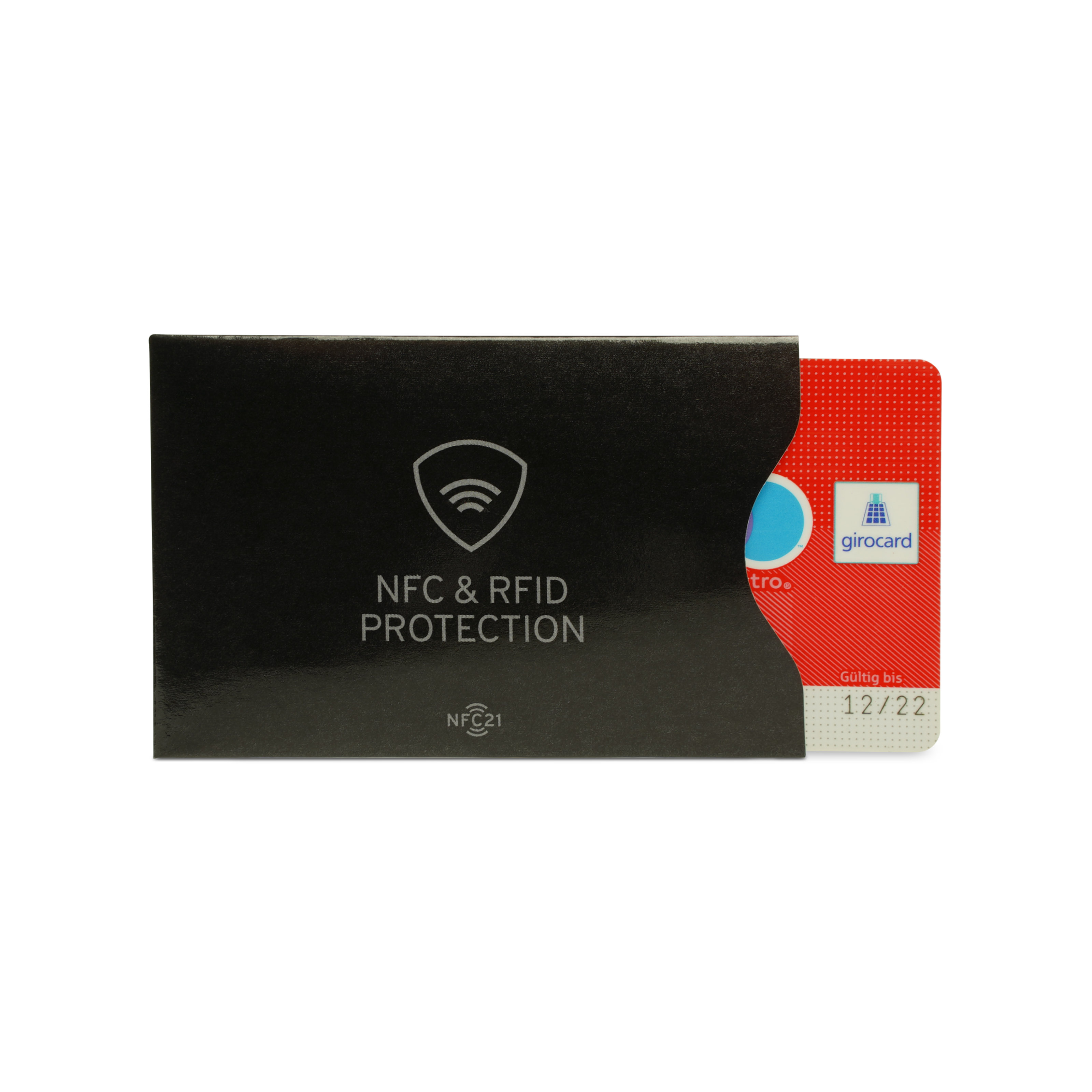 NFC- und RFID Schutzhülle in schwarz mit eingesteckter EC Karte