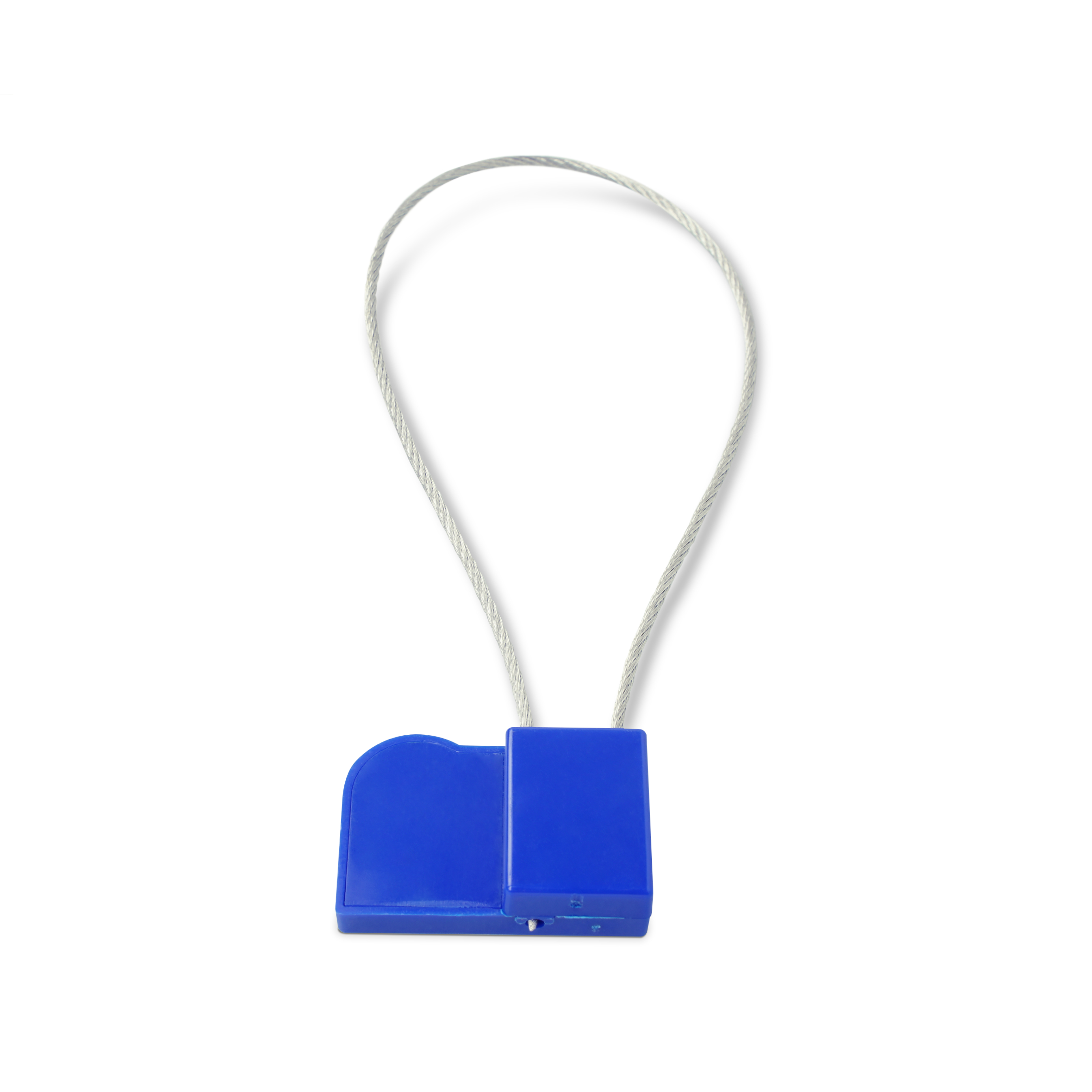 Liegende NFC Plombe mit Stahlschlaufe aus ABS in blau