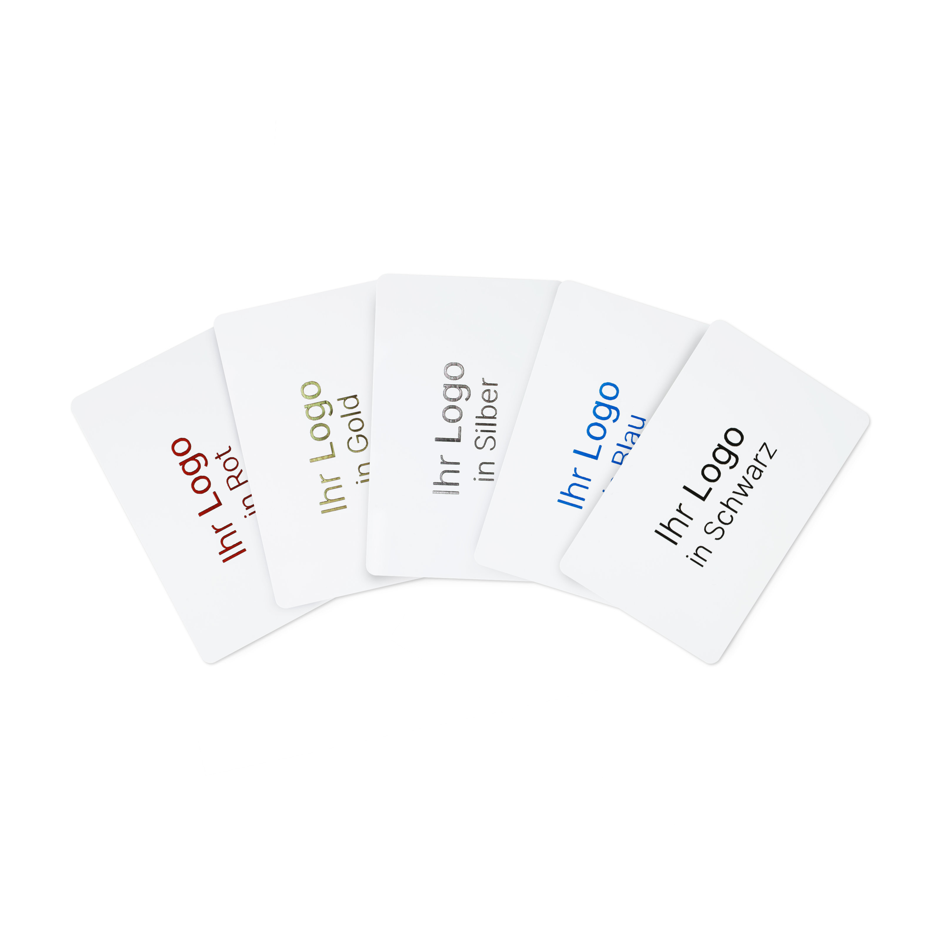 Gruppenbild von weißen NFC Karten mit den verschiedenen Druckfarben