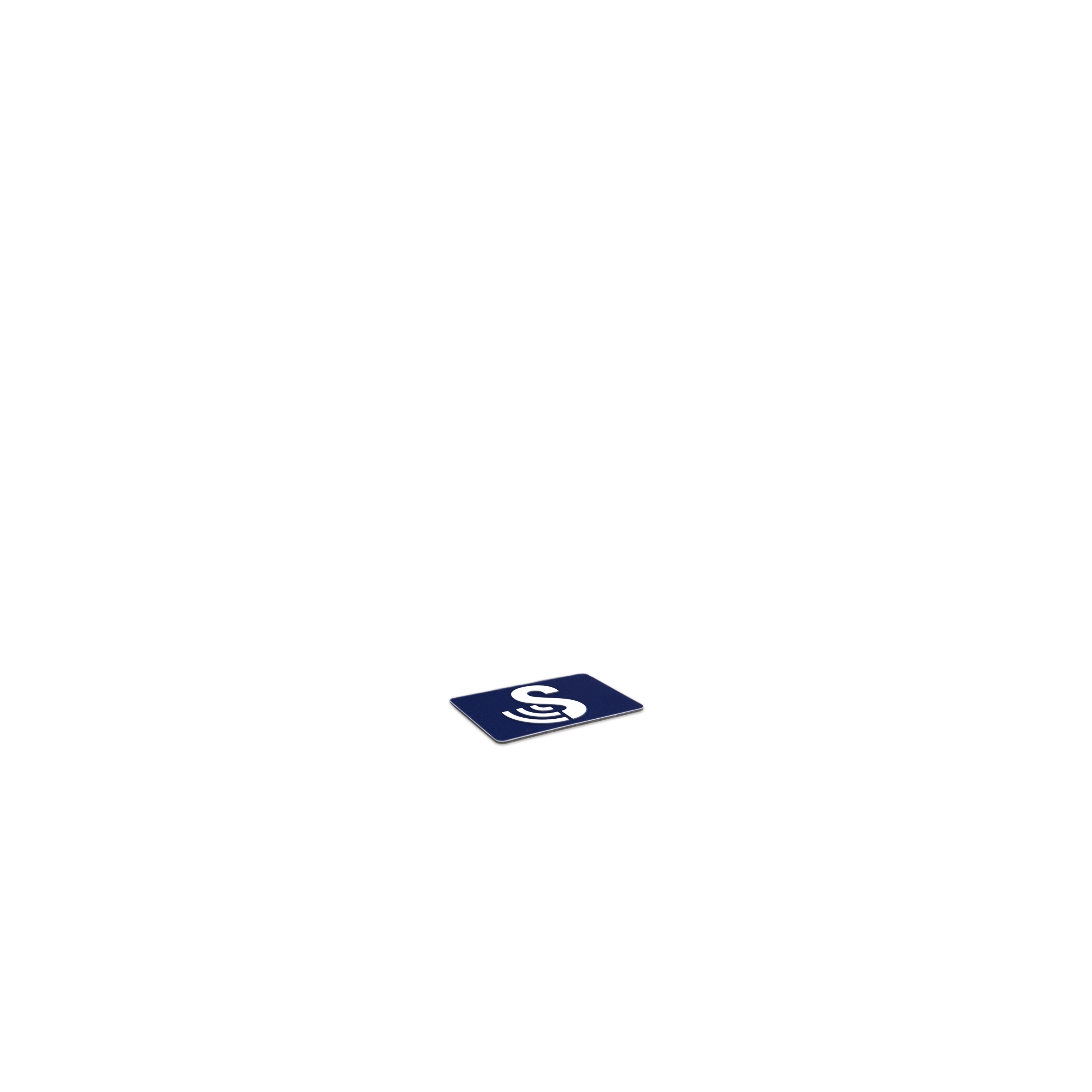 Seitliche Ansicht des rechteckigen standard SenseTap Stickers. Dieser Sticker ist 20 x 15 mm groß. Der Sticker ist dunkelblau und das SenseTap-Logo befindet sich darauf. Es besteht aus einem großen weißen S mit drei nach links gebogenen Linien.