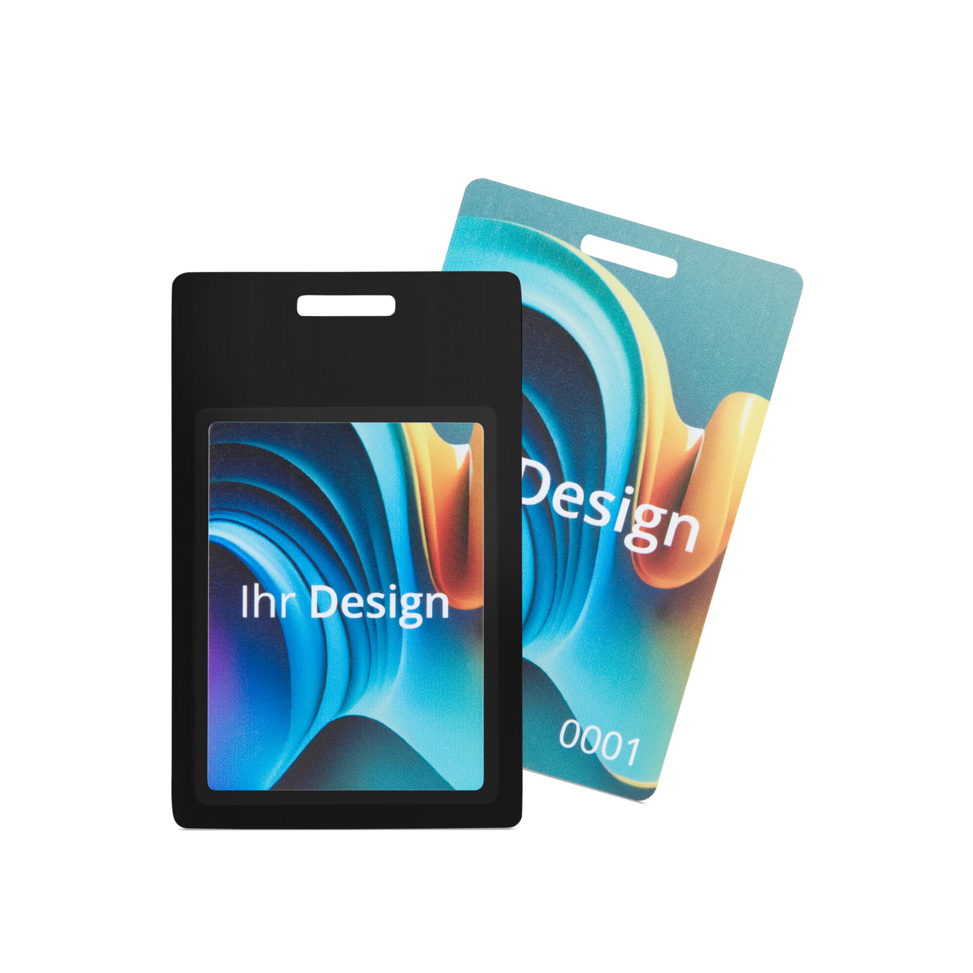 NFC Karte Metall beidseitig bedruckt - 85,6 x 54 mm - NTAG213 - 180 Byte - schwarz - Hochformat mit Schlitz