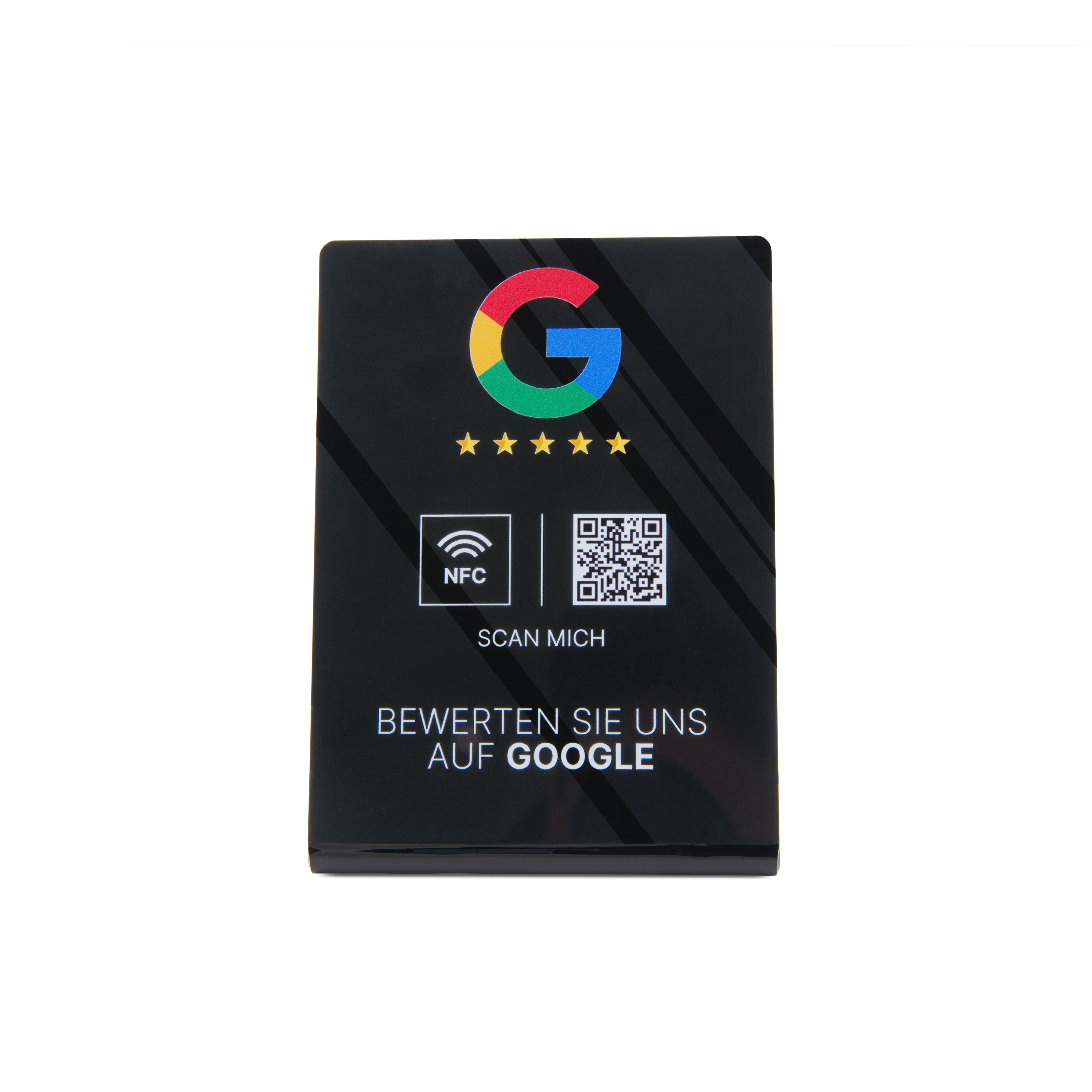 Ein Google Bewertung NFC Aufsteller in Schwarz mit Google-Logo, NFC Symbol und QR-Code mit den Aufschriften »Scan mich« und »Bewerten Sie uns auf Google«. 