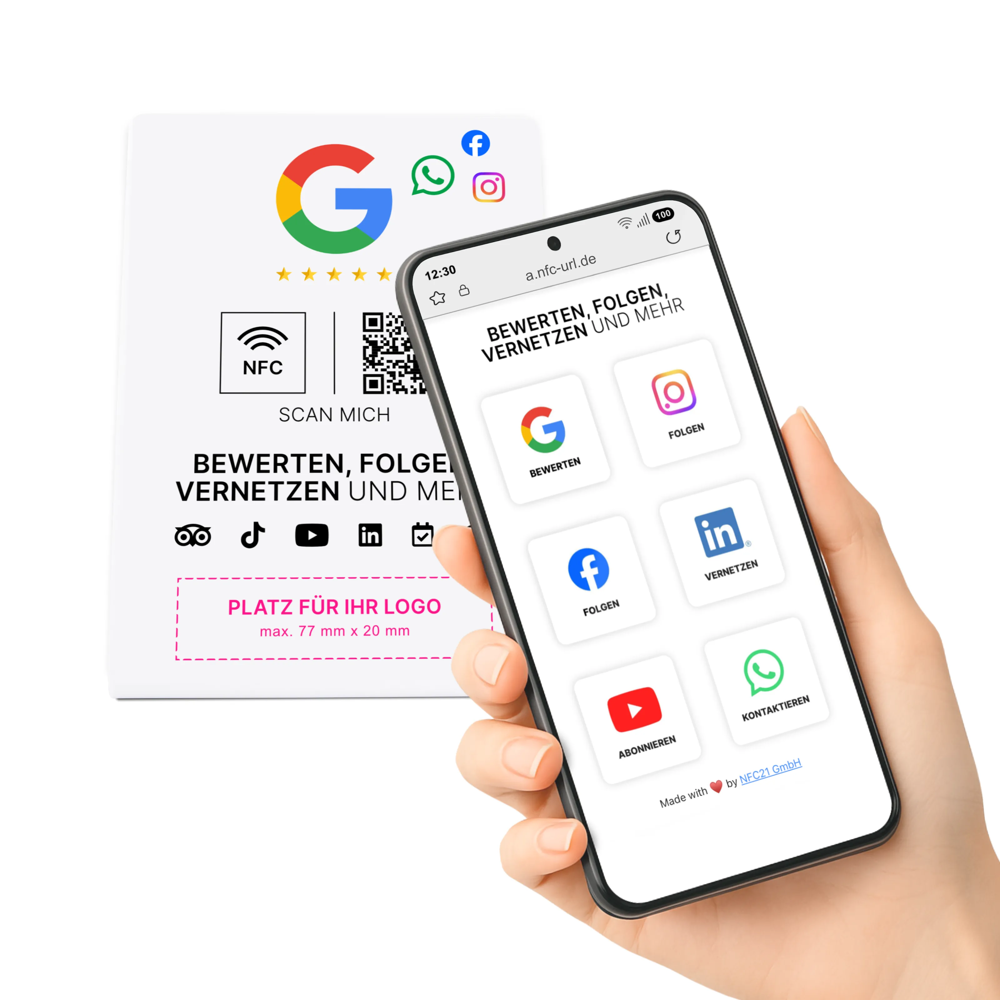 Multi-Link NFC Stand - Logo Print - Acrylic - 110 x 150 mm - White Glossy