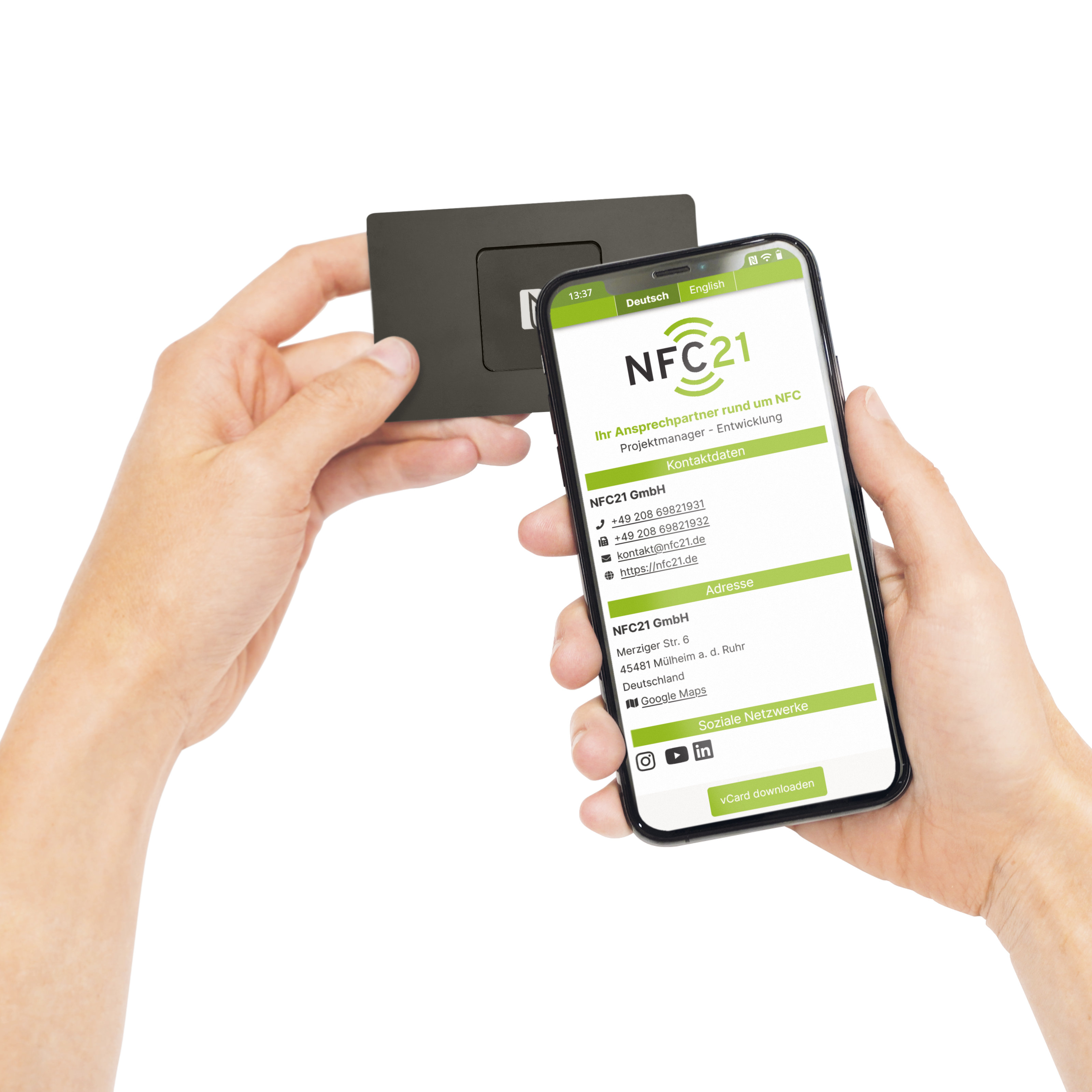 NFC-vCard - Digitale Visitenkarte - inkl. NFC-vCard Zugang - Metall - 85,6 x 54 mm - schwarz mit Gravur