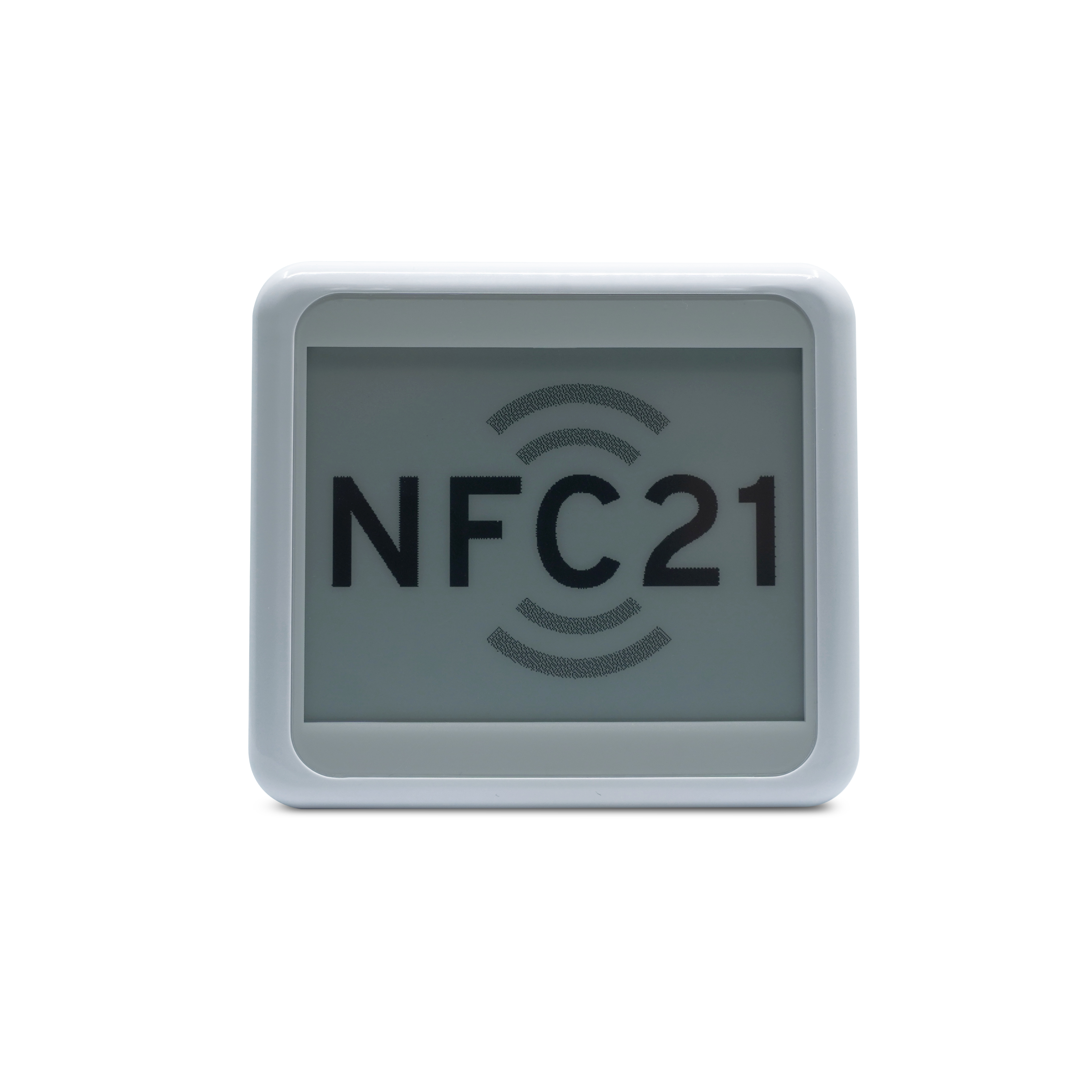 Vorderseite des NFC e-Paper Displays aus weißem ABS mit  NFC21 Aufschrift im Display