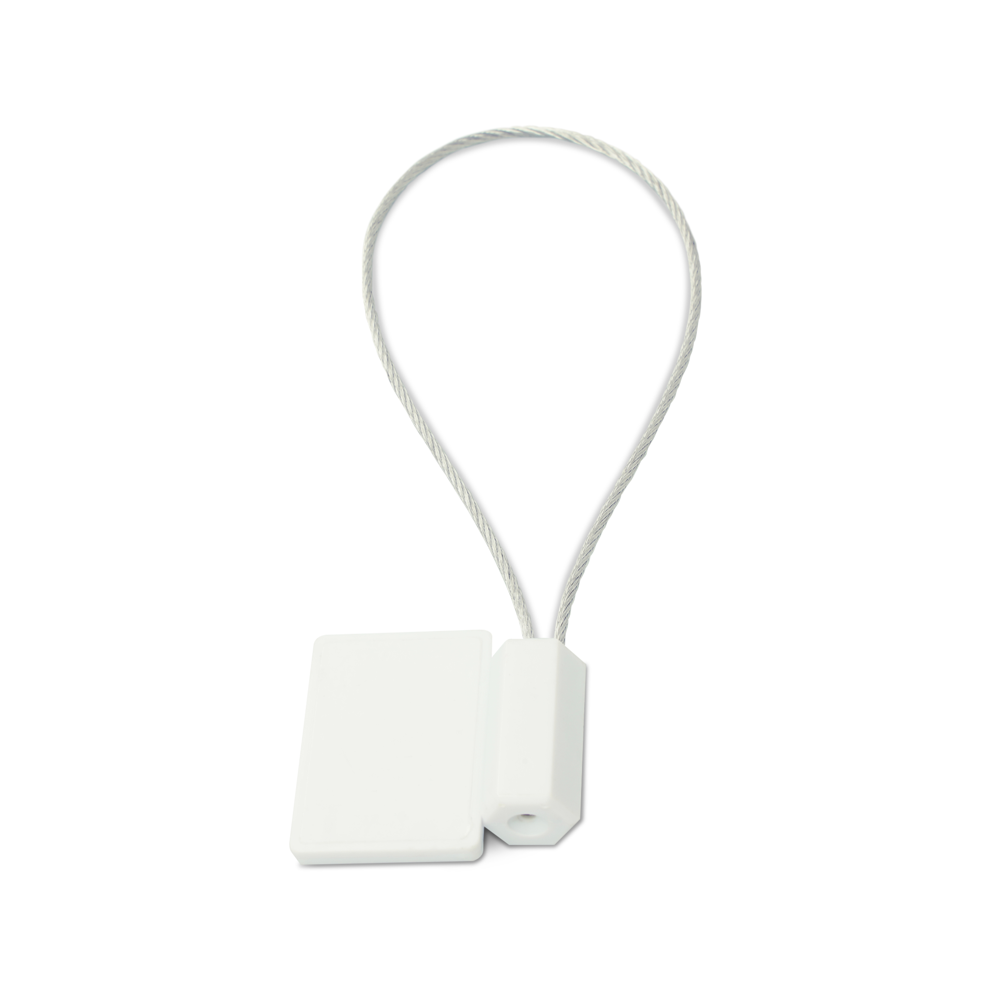 Liegende NFC Plombe mit Stahlschlaufe aus ABS in weiß