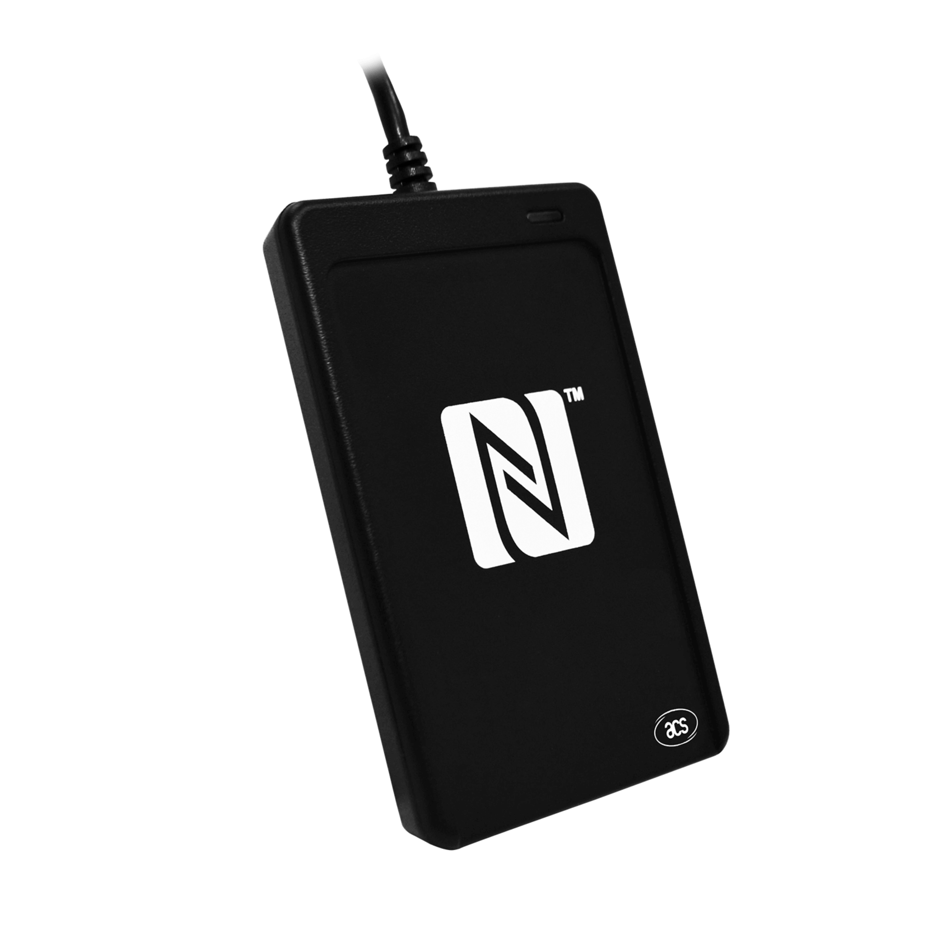 Seitenansicht des NFC Reader in schwarz  mit aufgedrucktem NFC Logo
