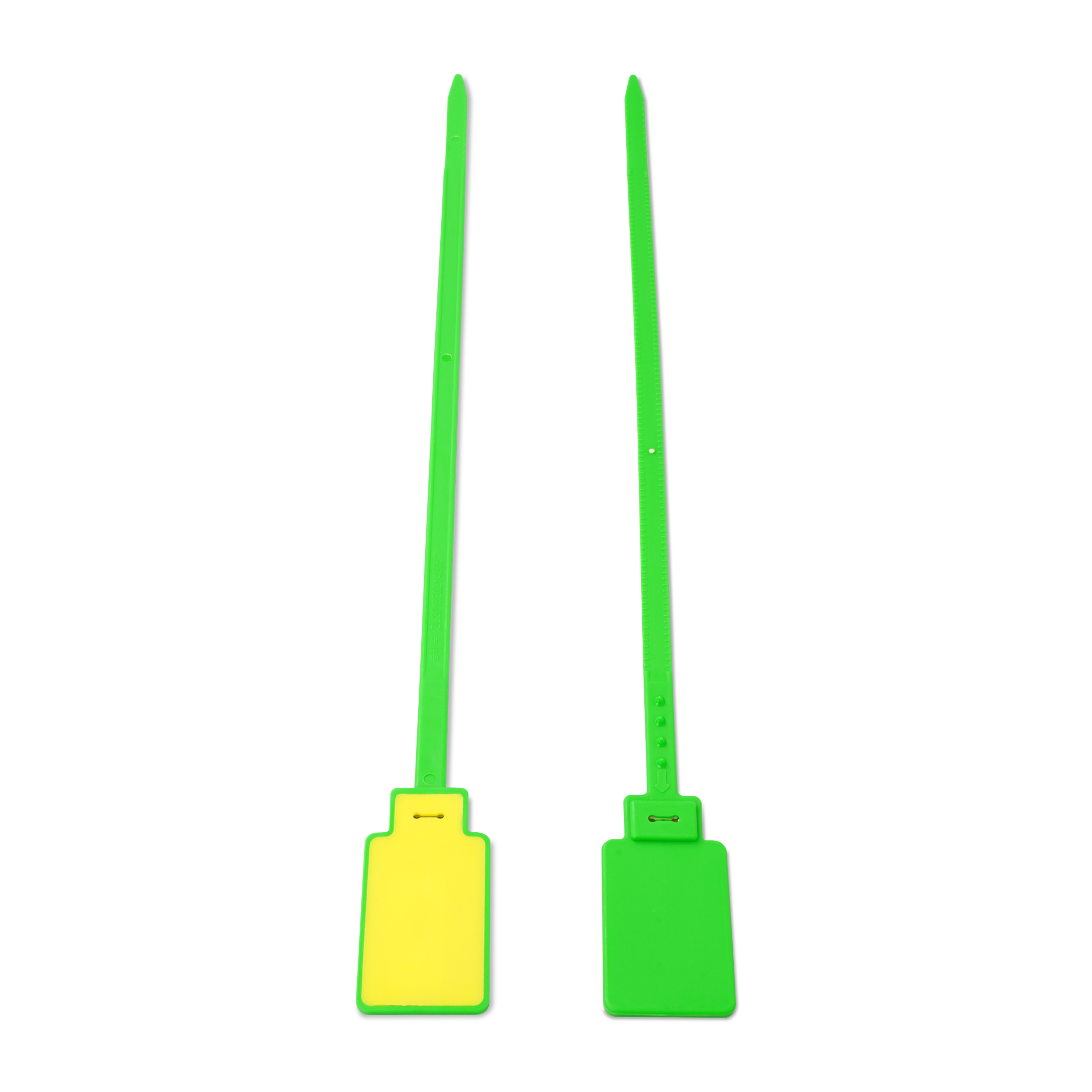 Vorder- und Rückseite NFC Kabelbinder aus PVC in grün und gelb