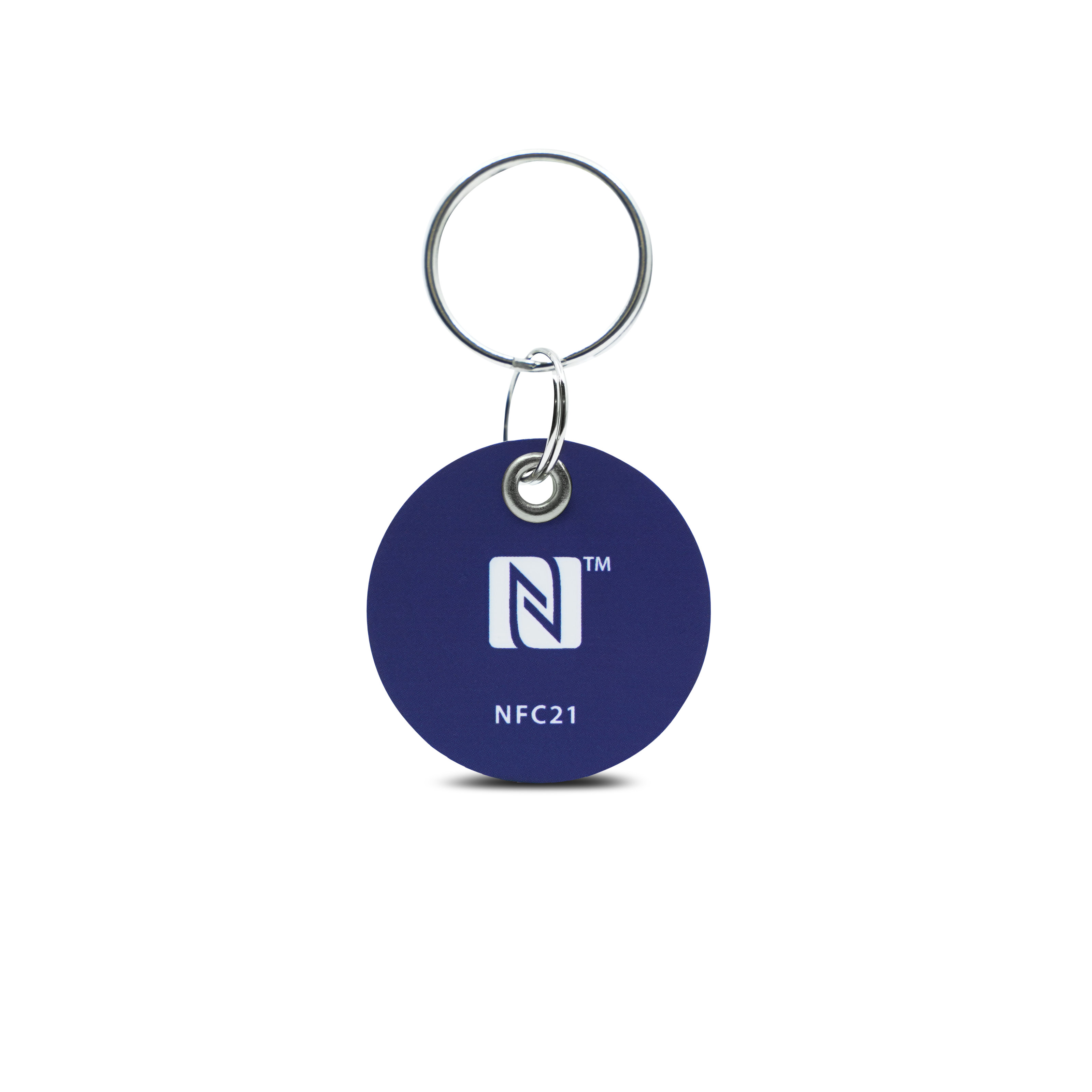 Rückseite des NFC Schlüsselanhängers aus PVC in blau mit Metallring