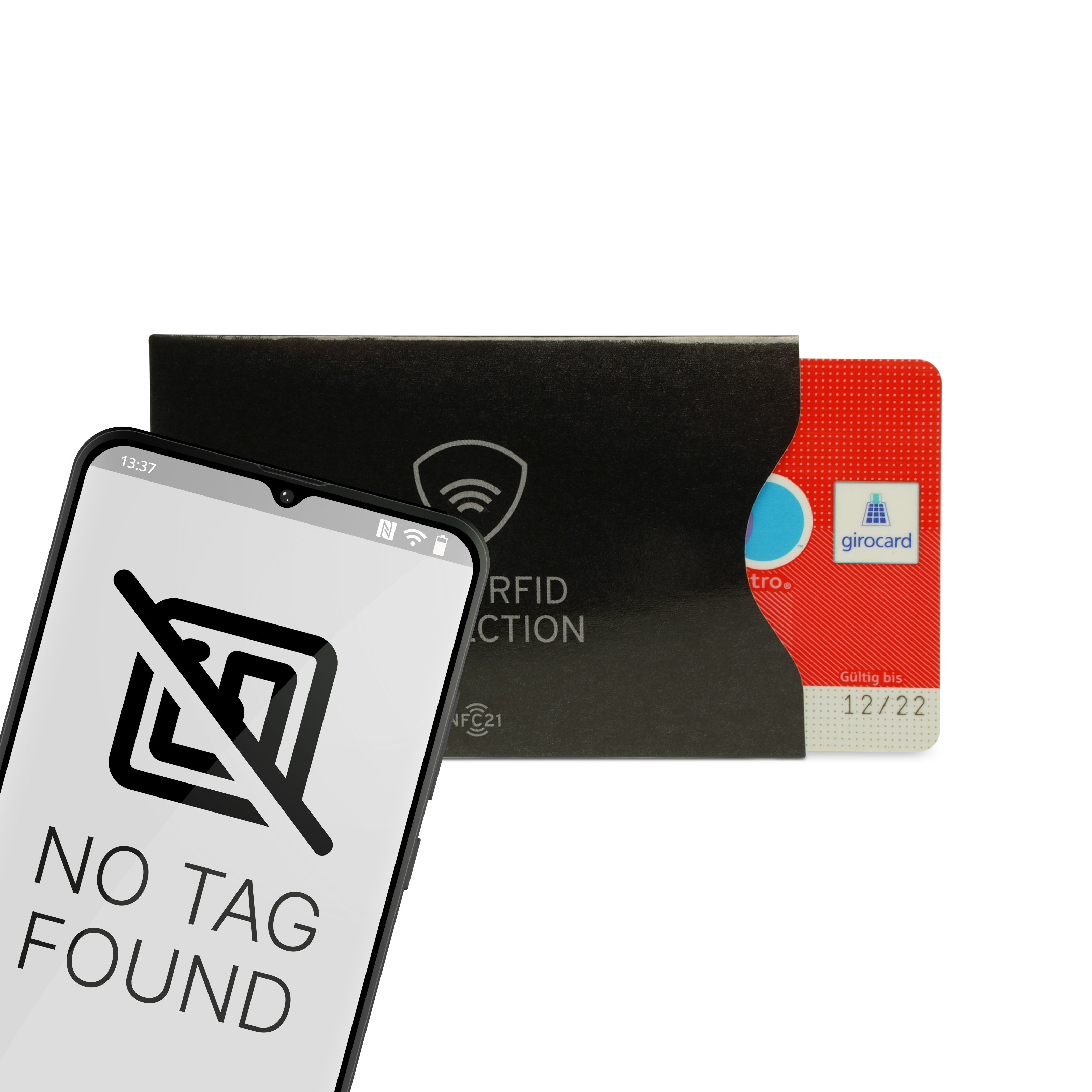 Smartphone, das die EC Karte nicht auslesen kann, da sie von der NFC Schutzhülle geschützt wird