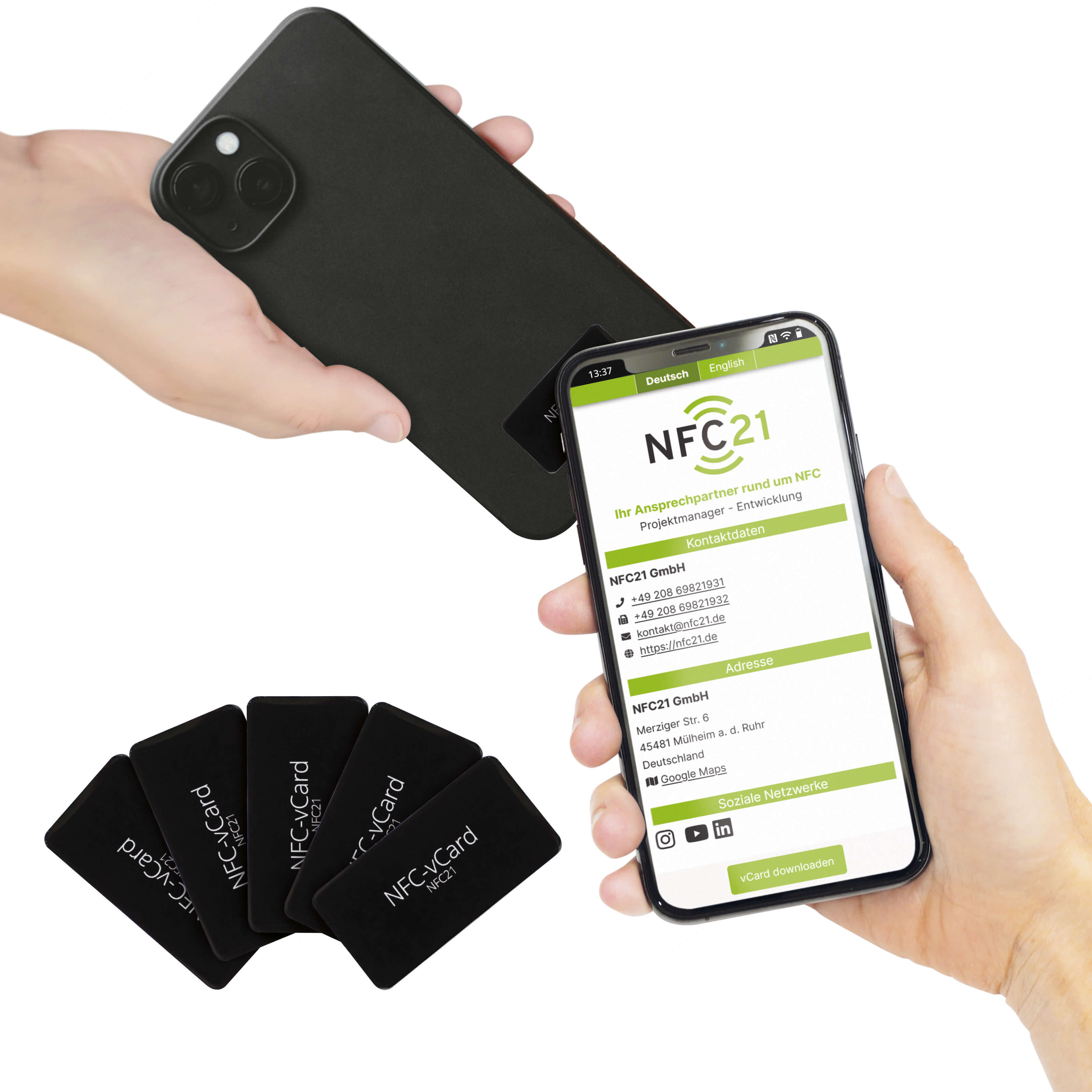 5 NFC-vCard stickers - Digital business card - incl. NFC-vCard access - PET - 35 x 18 mm - black