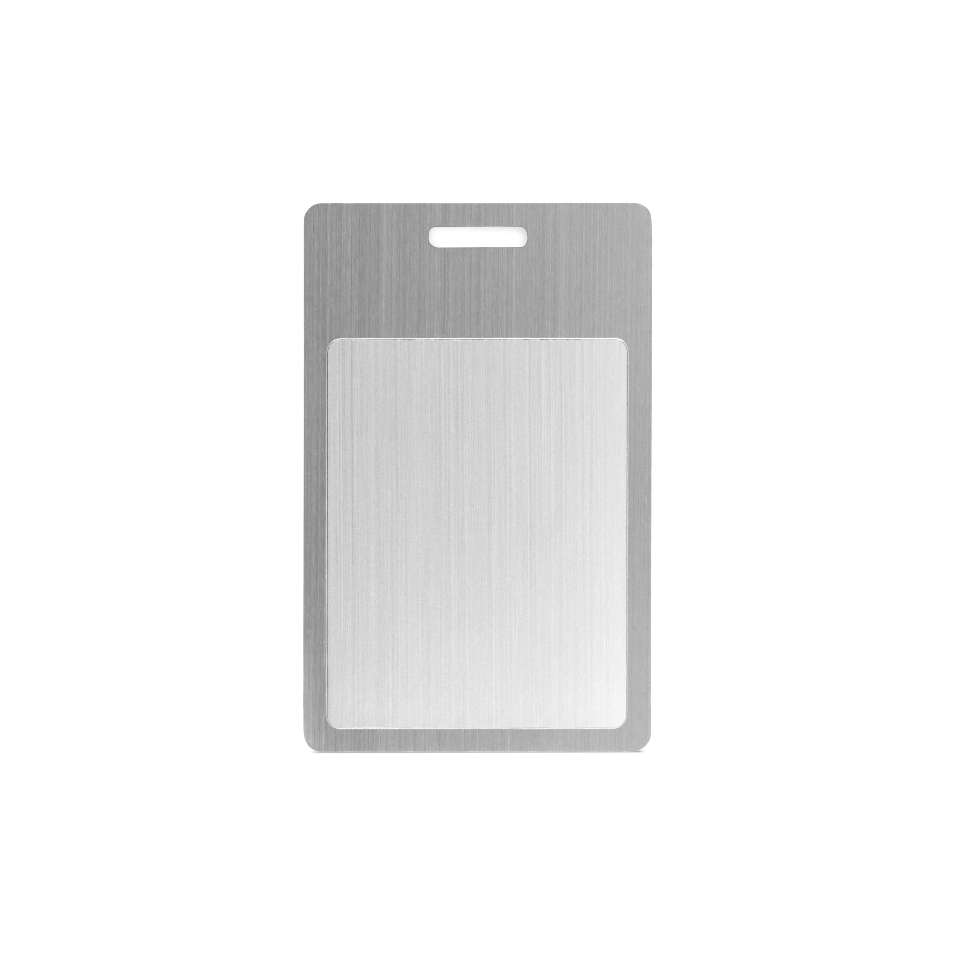 NFC card metal - 85,6 x 54 mm - NTAG213 - 180 bytes - silver - portrait format with slot
