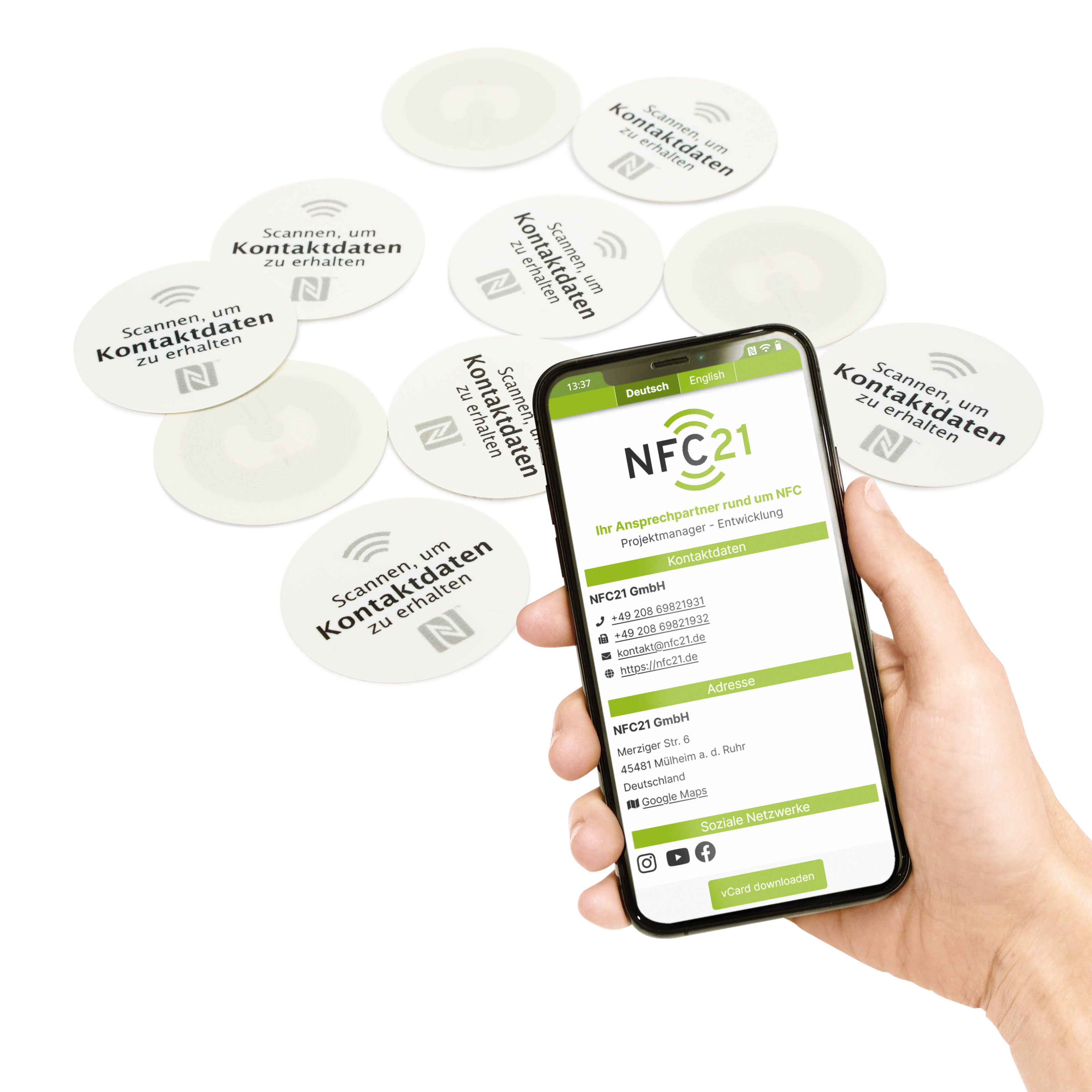 NFC-vCard PET Sticker Kit - 10 pieces (5 German / 5 English) - incl. NFC-vCard access - 30 mm - white