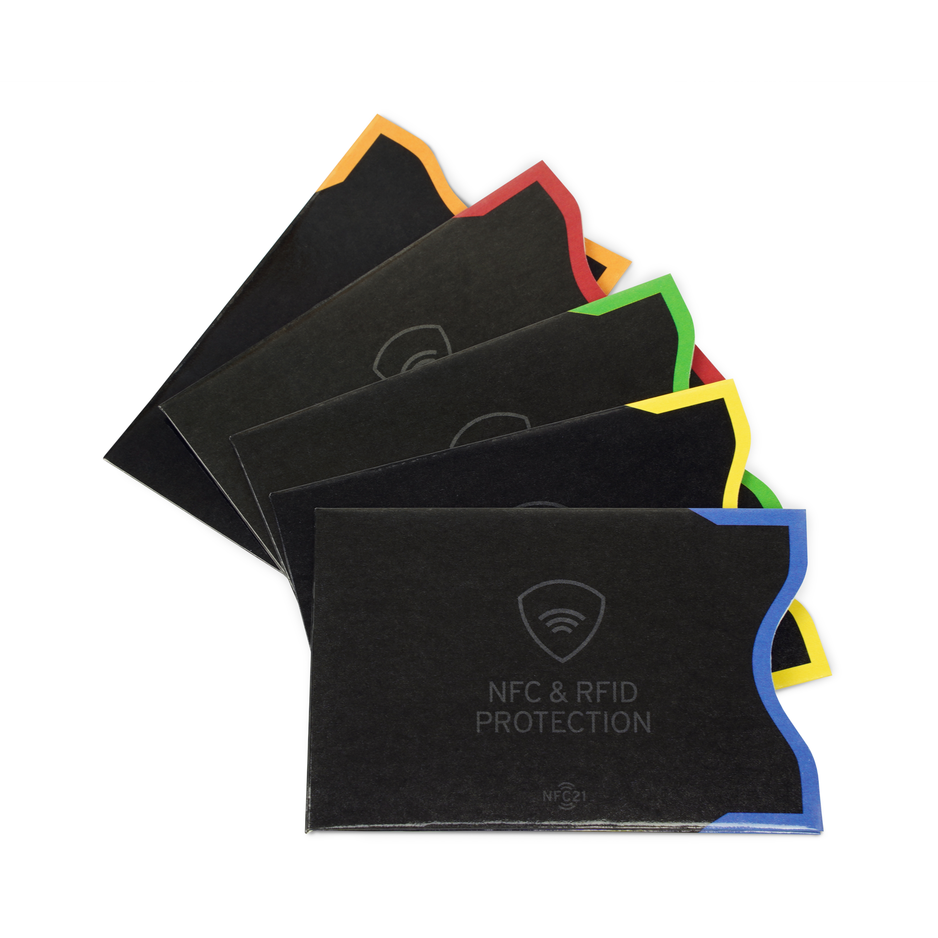 Gruppenbild mit fünf NFC- und RFID Schutzhüllen für NFC Karten in schwarz mit bunten Kanten