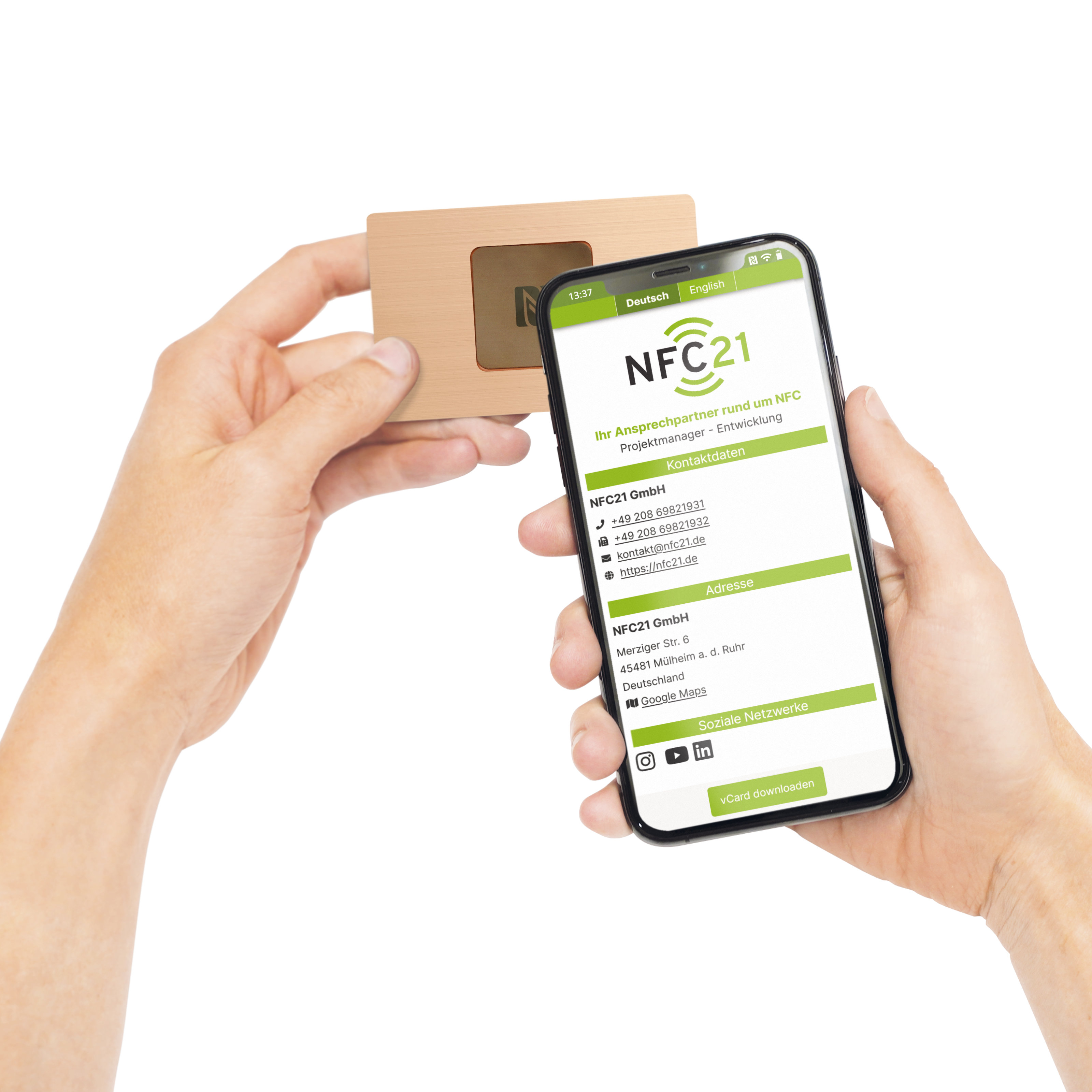 NFC-vCard - Digitale Visitenkarte - inkl. NFC-vCard Zugang - Metall - 85 x 54 mm - roségold mit Gravur