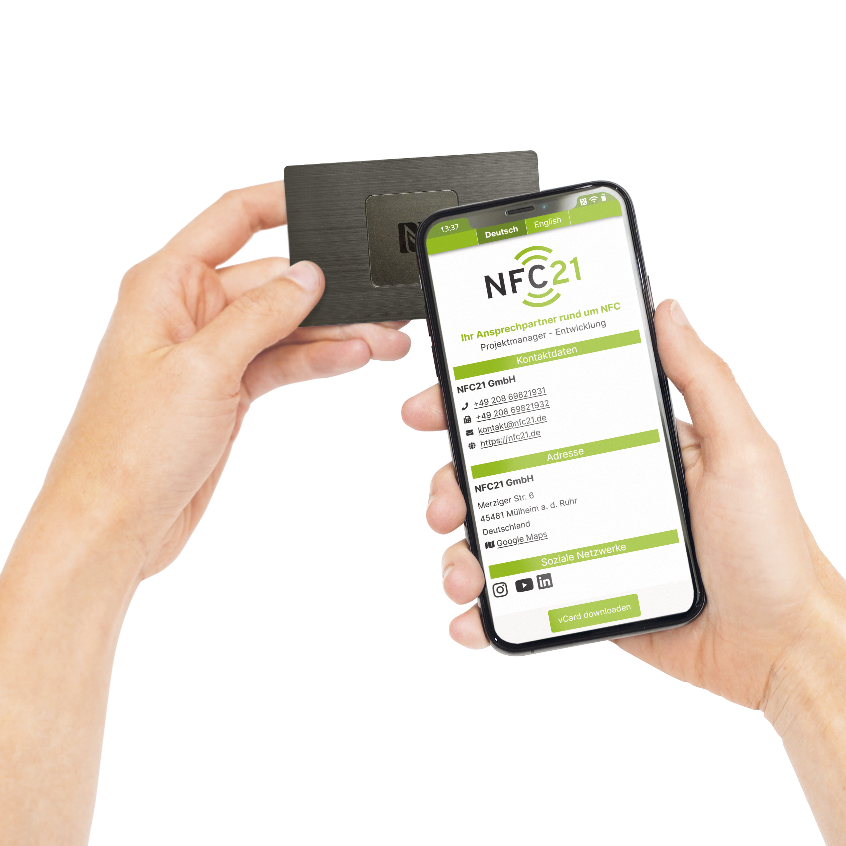 NFC-vCard - Digitale Visitenkarte - inkl. NFC-vCard Zugang - Metall - 85,6 x 54 mm - anthrazit mit Gravur