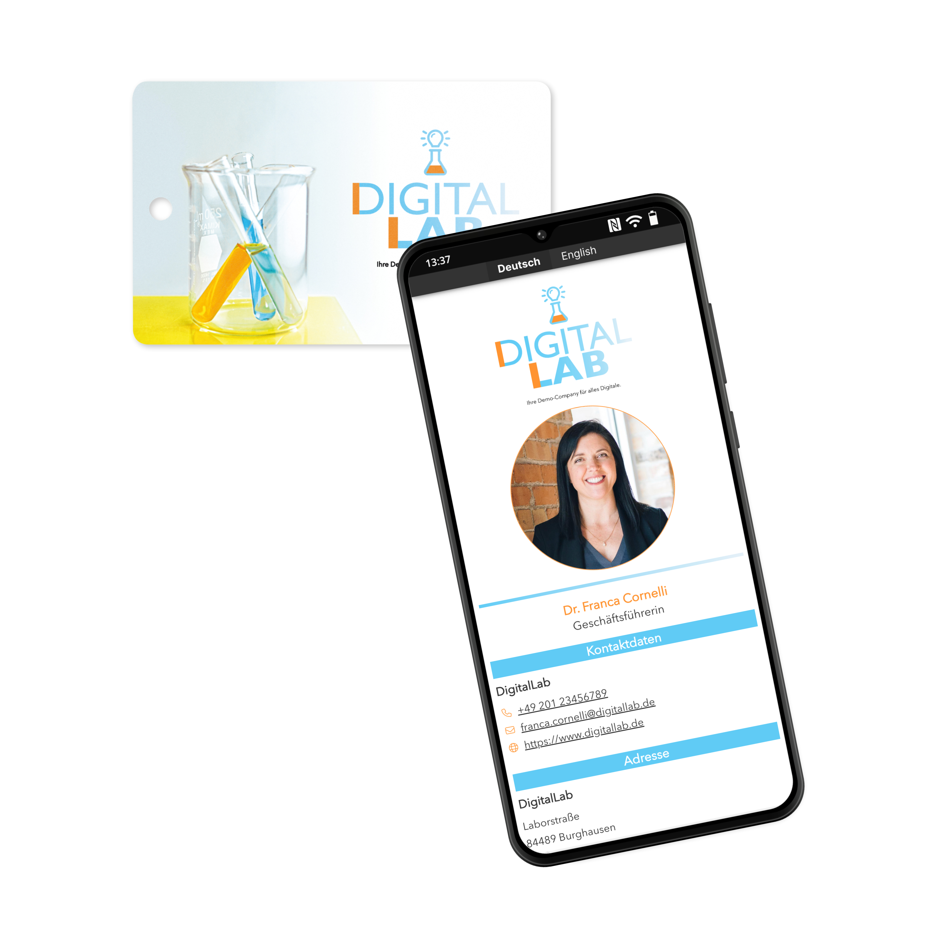 NFC-vCard PVC - Digitale Visitenkarte - 85,6 x 54 mm - Hochformat mit Loch - weiß glänzend