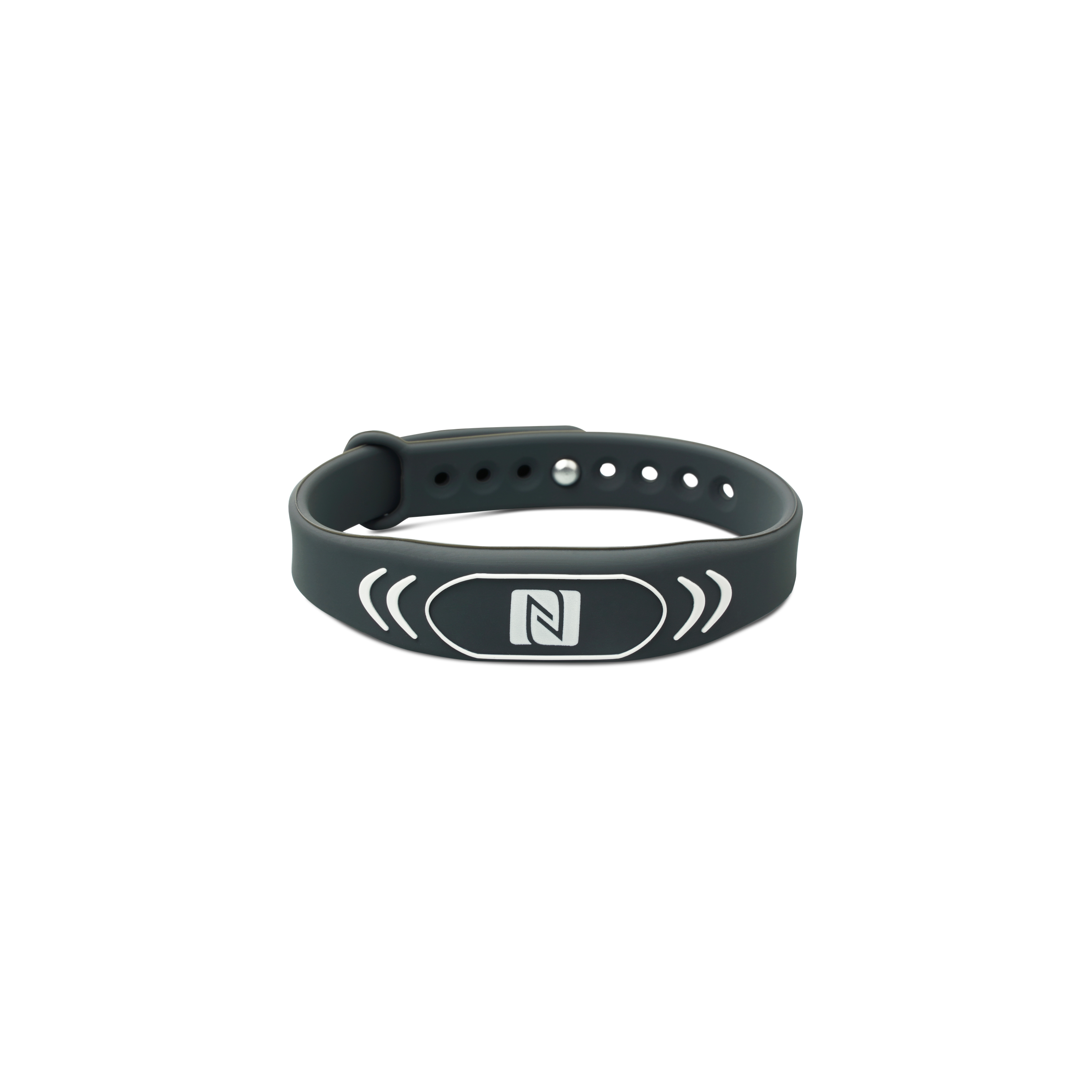 Vorderseite des geschlossenen NFC Armband aus Silikon in grau