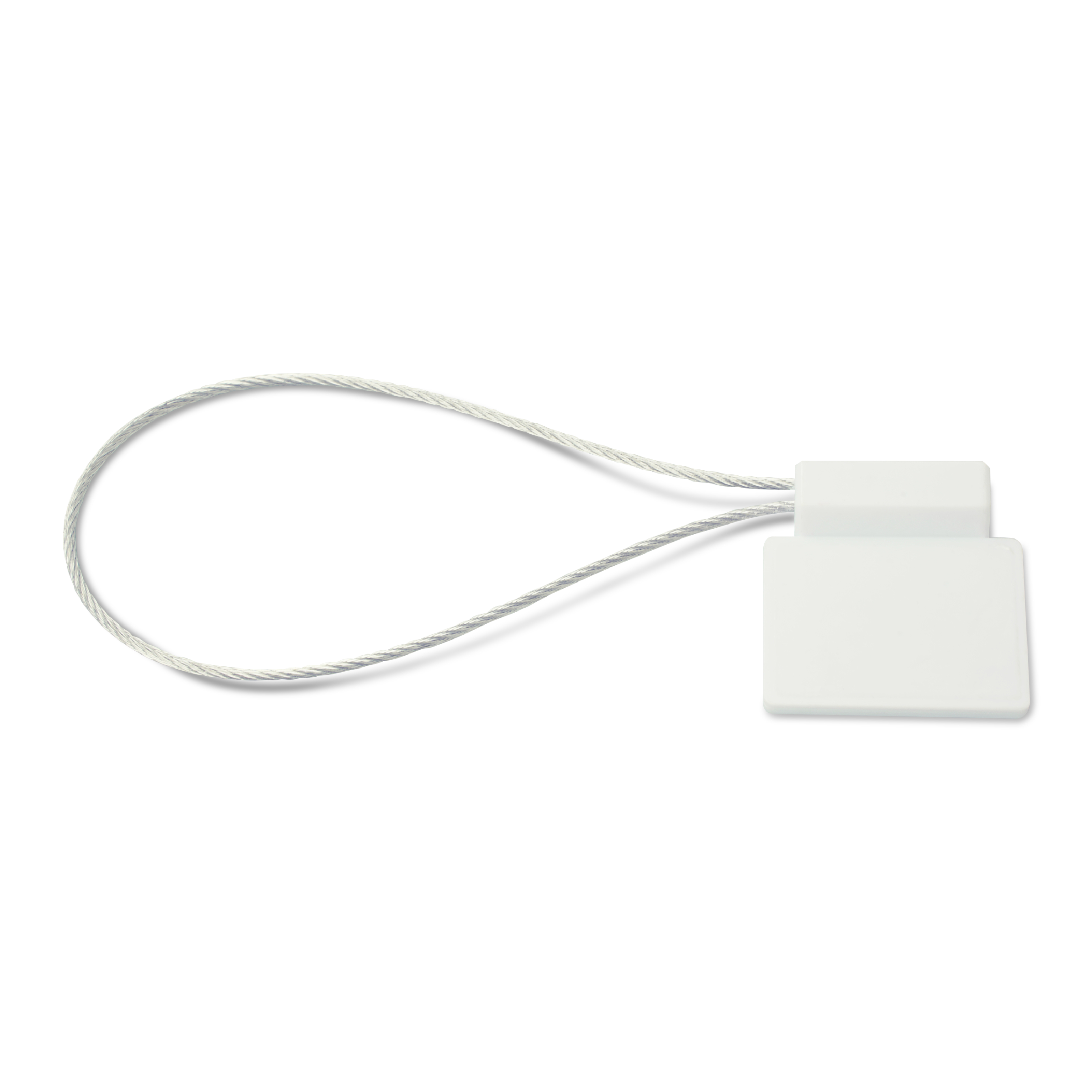 Seitlich liegende NFC Plombe mit Stahlschlaufe aus ABS in weiß