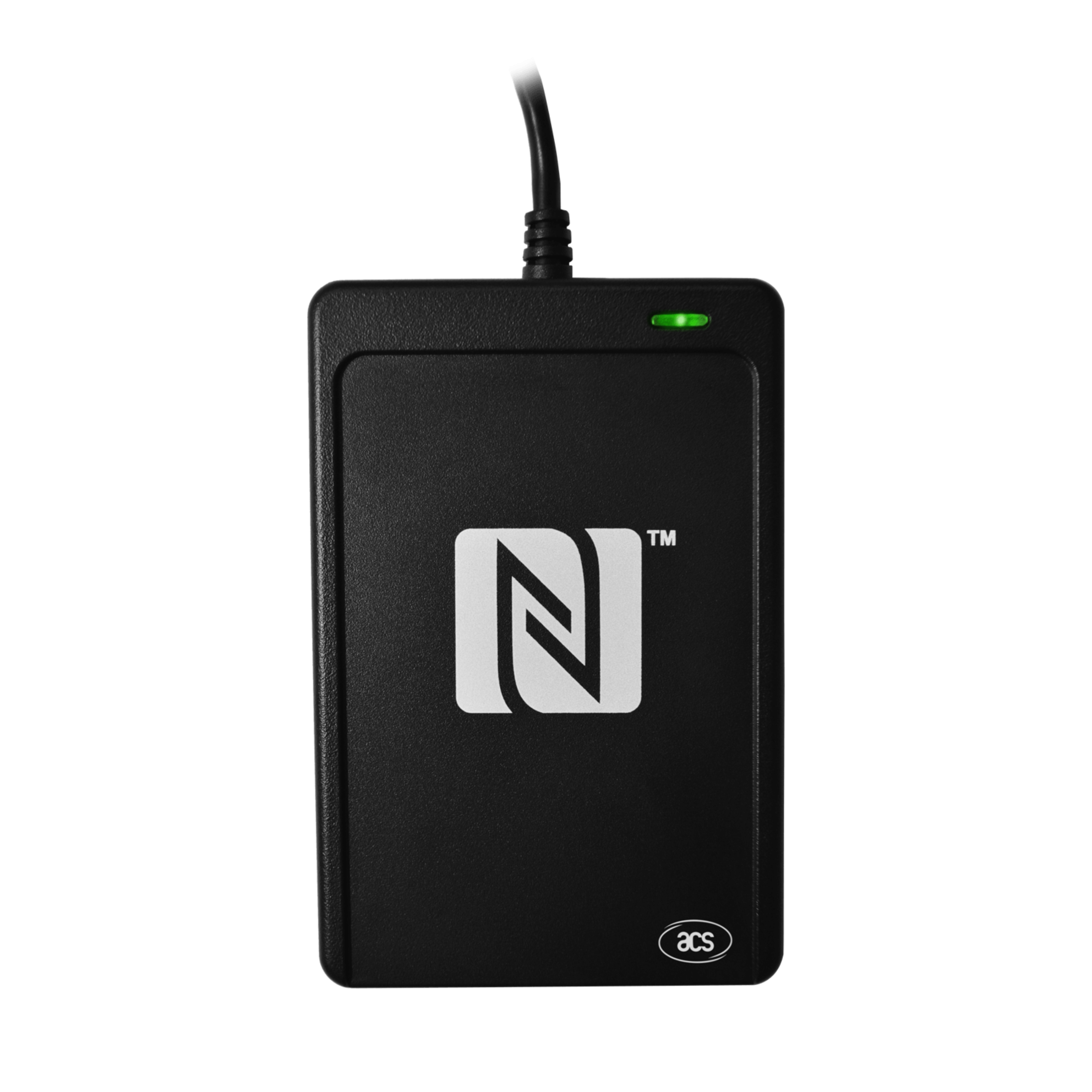 Vorderseite des NFC Reader in schwarz  mit aufgedrucktem NFC Logo