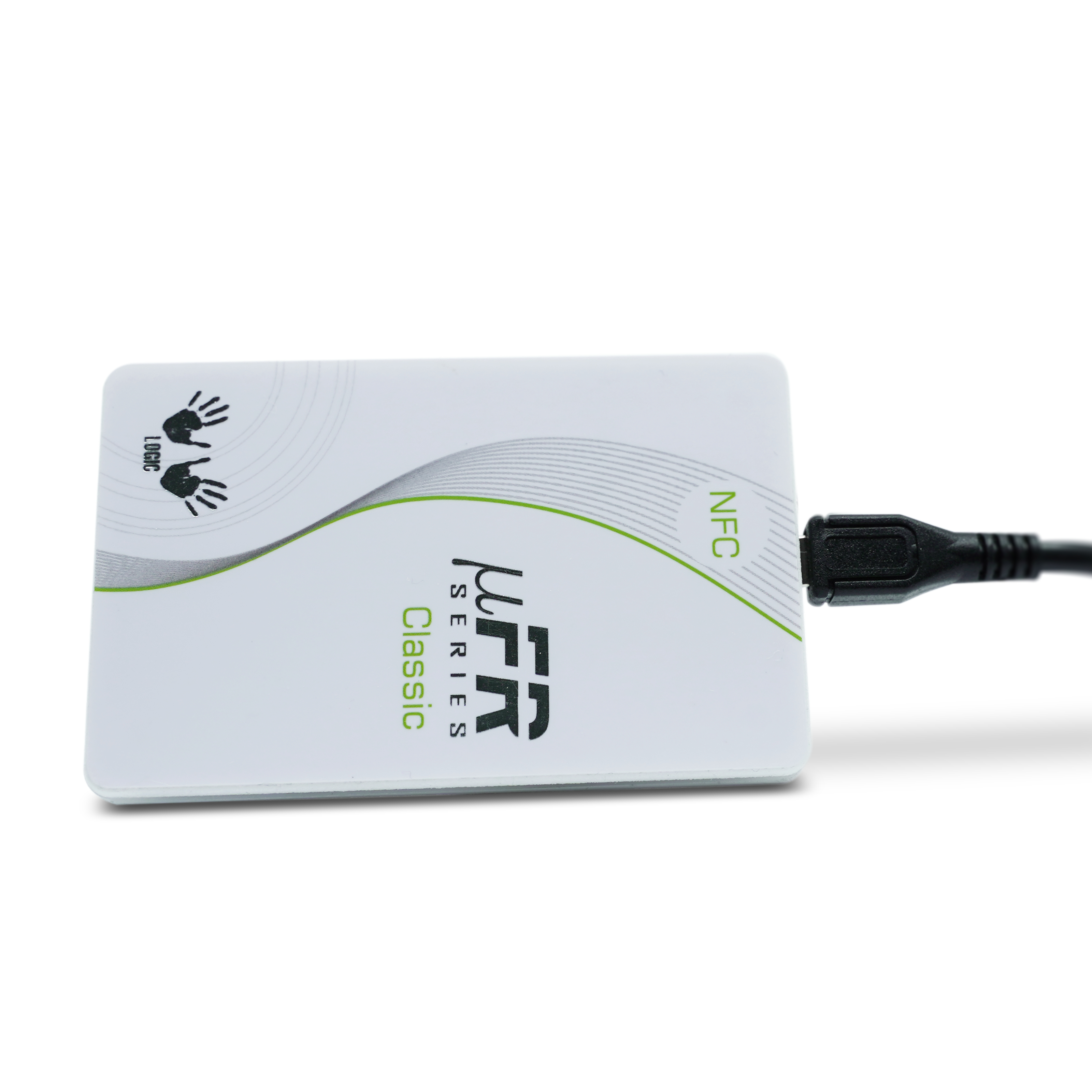 Seitenansicht des NFC Reader/Writer mit angeschlossenem Micro-USB Kabel