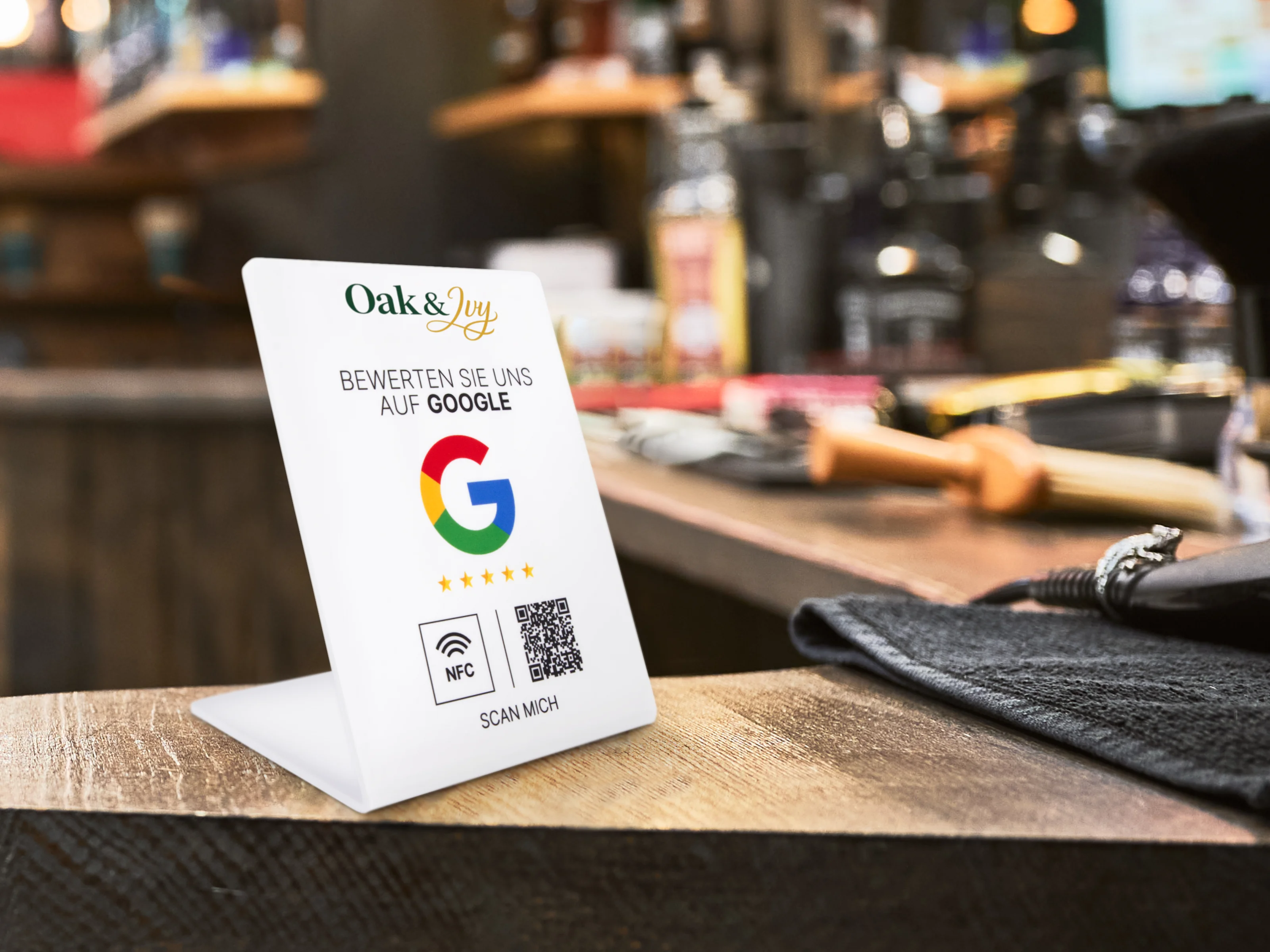 Google Bewertung NFC Aufsteller - Logodruck oben - Acryl - 110 x 150 mm - weiß glänzend