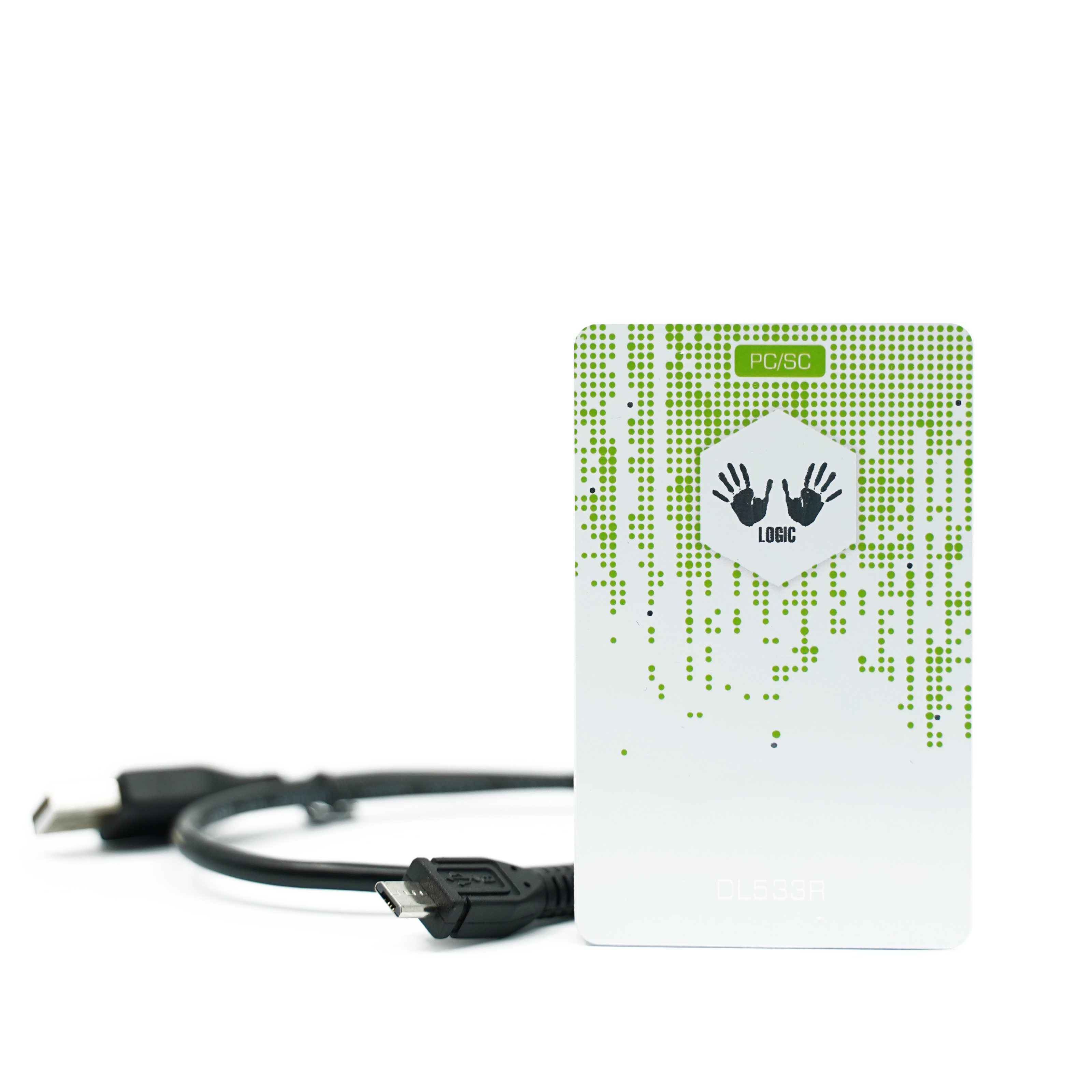 Vorderseite des weiß grünen NFC Readers mit zugehörigen Micro-USB Kabel