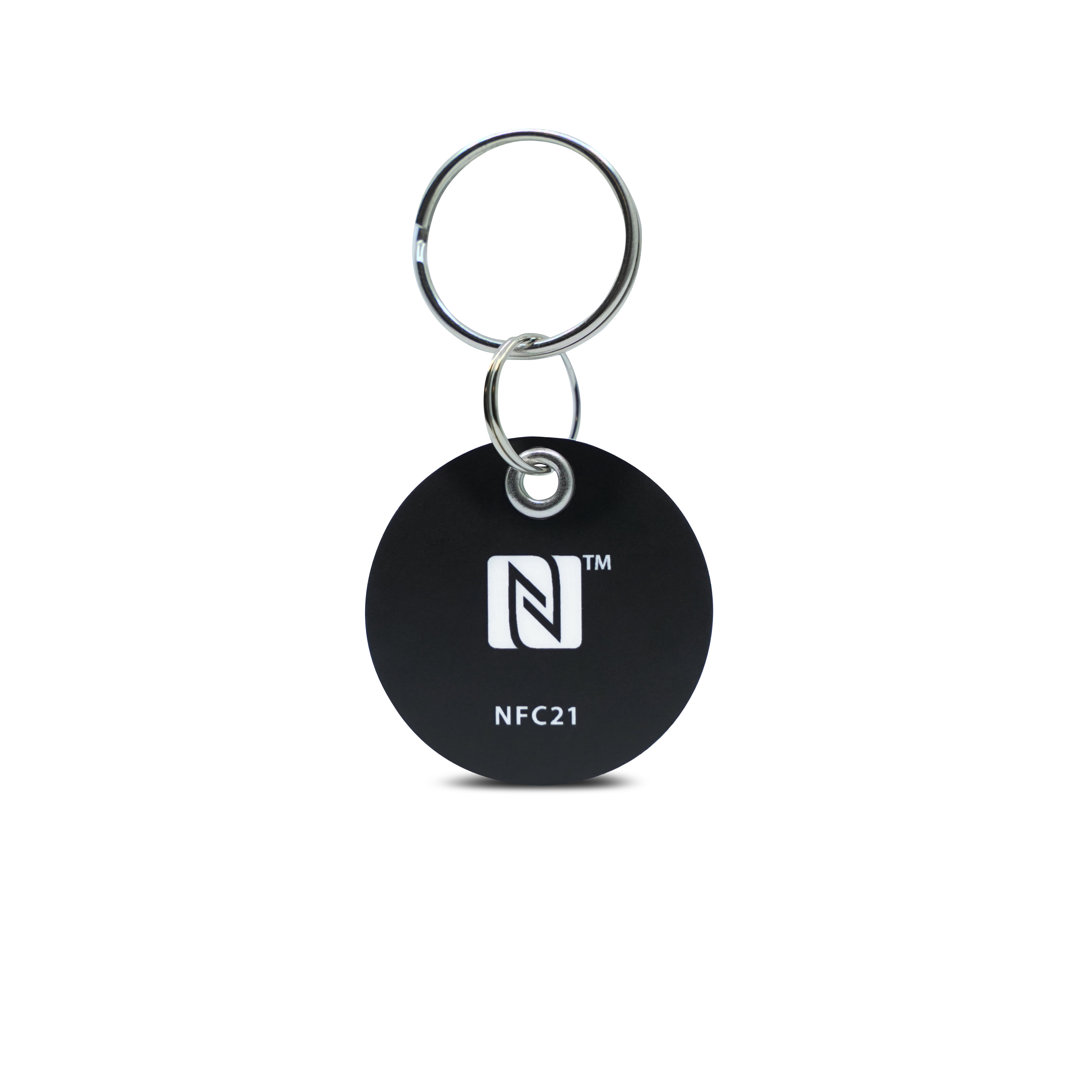 Vorderseite des NFC Schlüsselanhängers aus PVC in schwarz mit Metallring