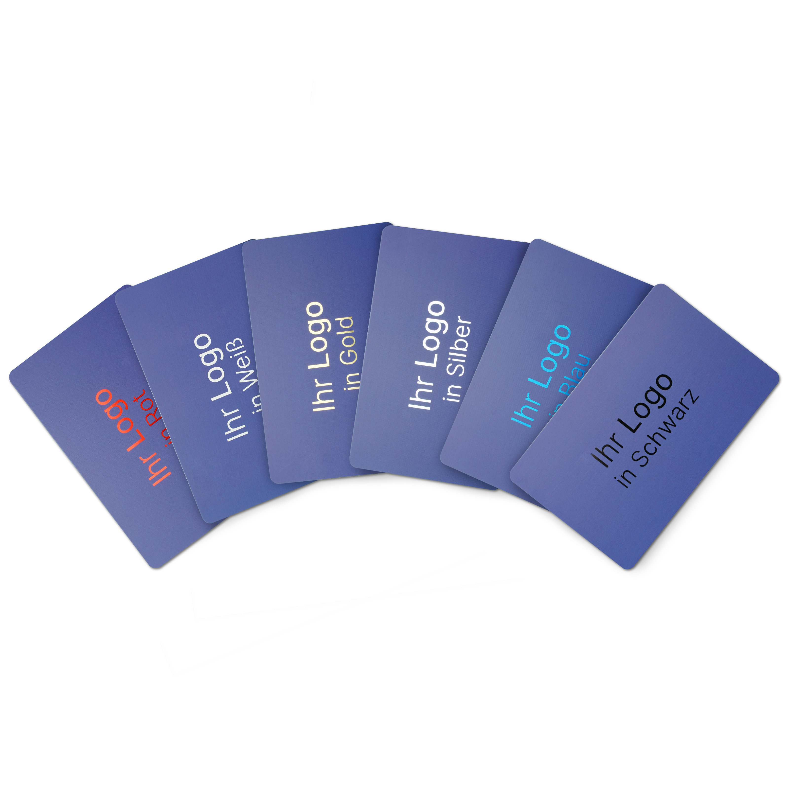 Gruppenbild von blauen NFC Karten mit den verschiedenen Druckfarben