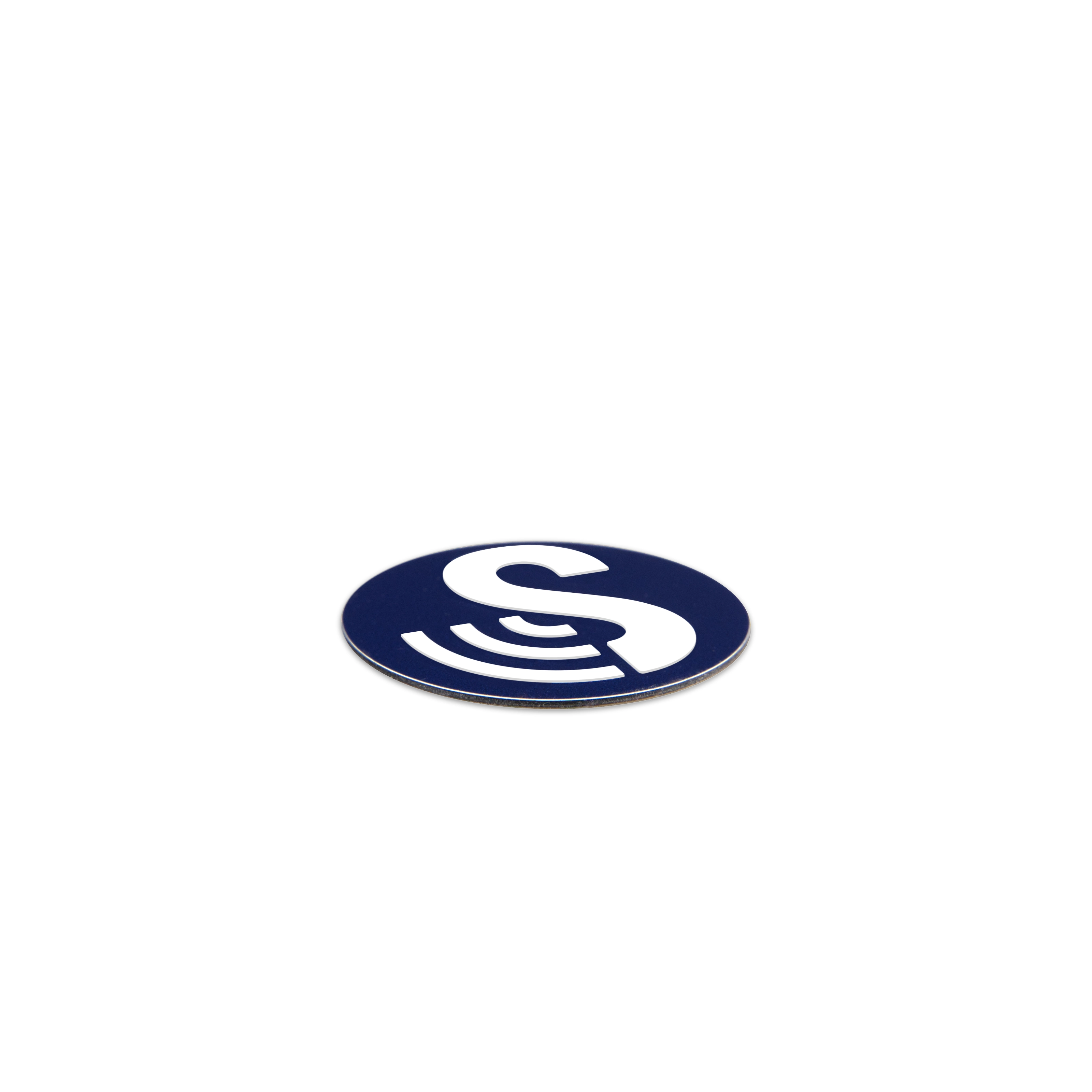 Side view of the waterproof round SenseTap sticker. The sticker has a diameter of 40 mm. It is dark blue and features the SenseTap logo, which consists of a large white S with three curved lines extending to the left.