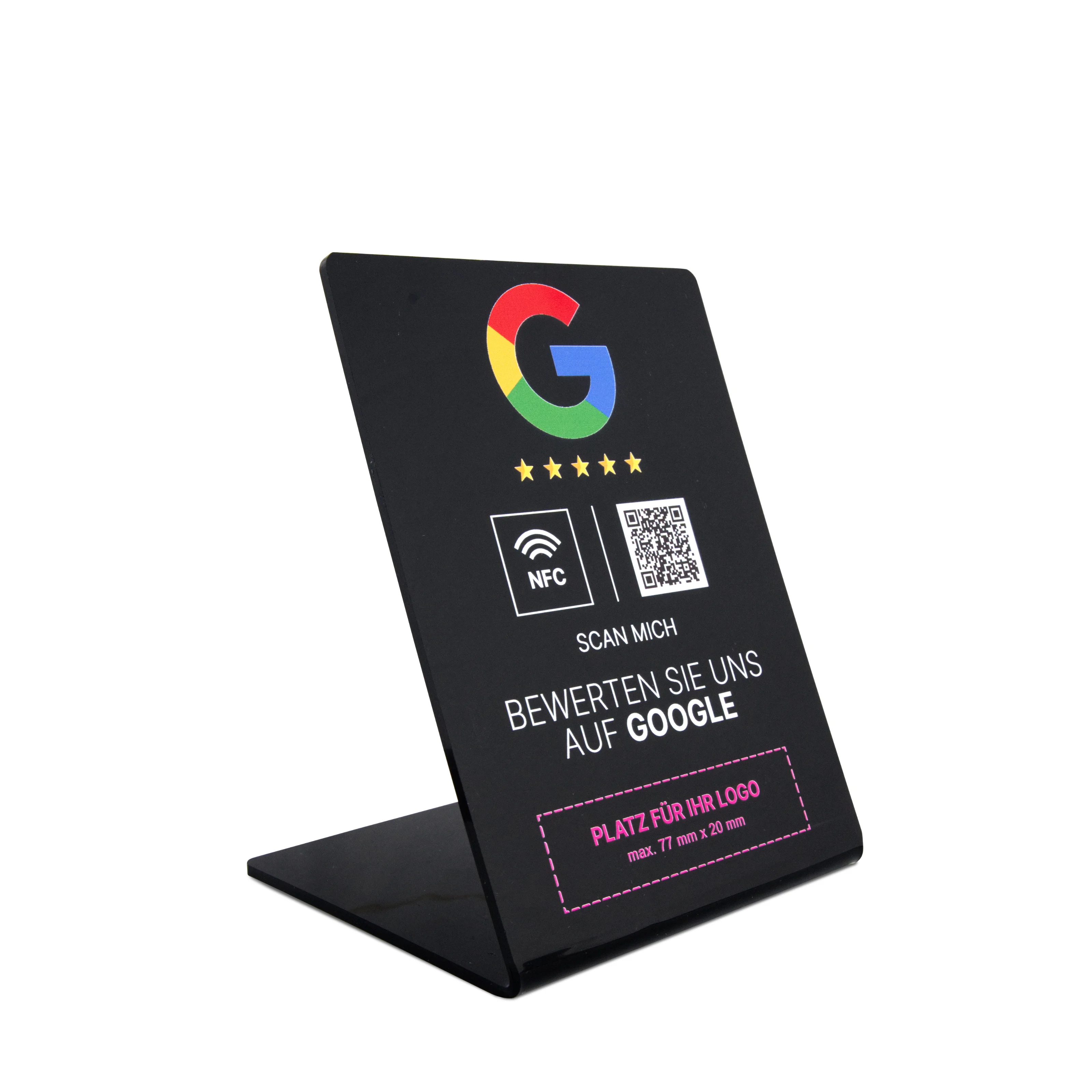 Google Bewertung NFC Aufsteller - Logodruck unten - Acryl - 110 x 150 mm - schwarz glänzend