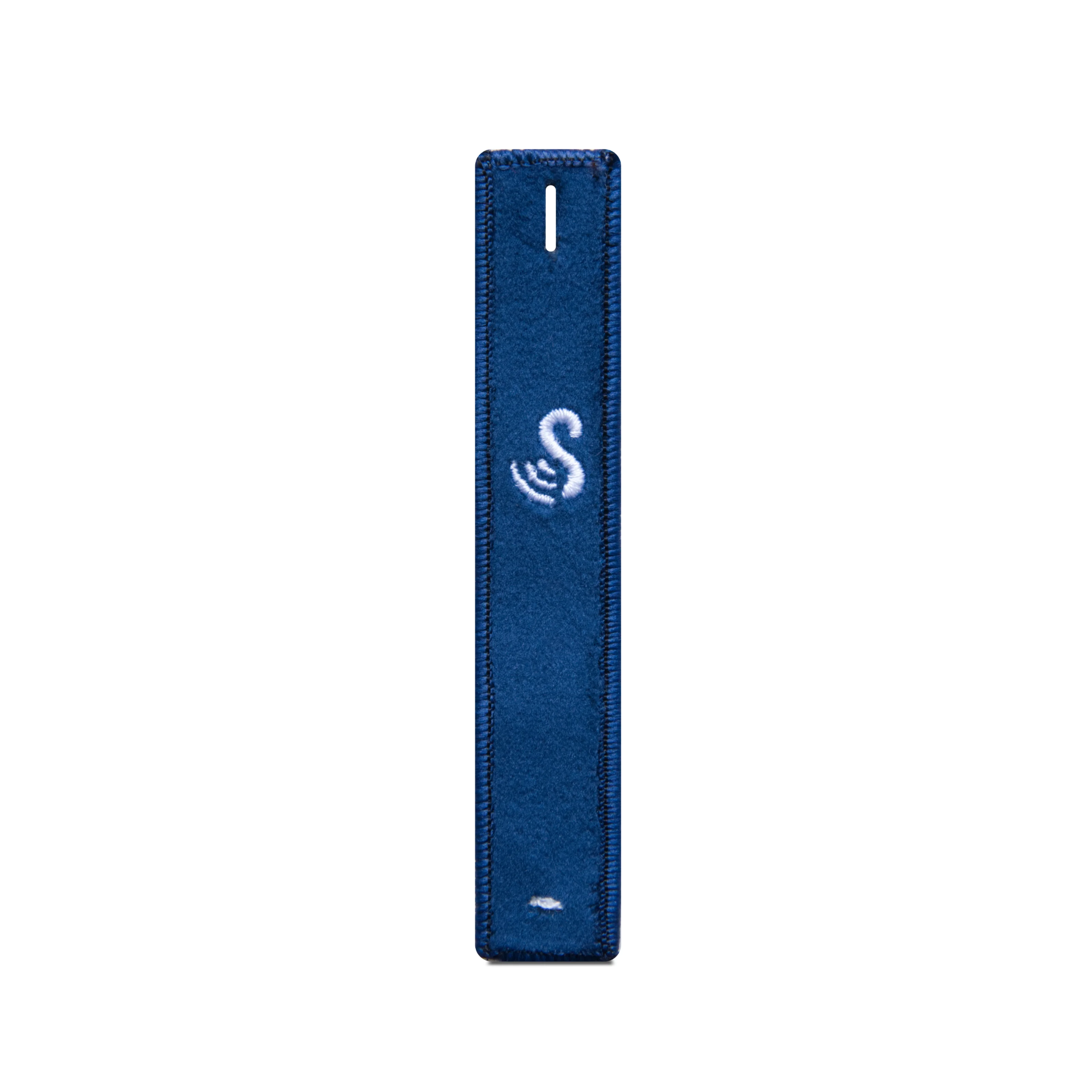 View of the dark blue back of the SenseTap loop. The buttonhole and the embroidered SenseTap logo are located on this side. The logo consists of a large white S with three curved lines extending to the left.