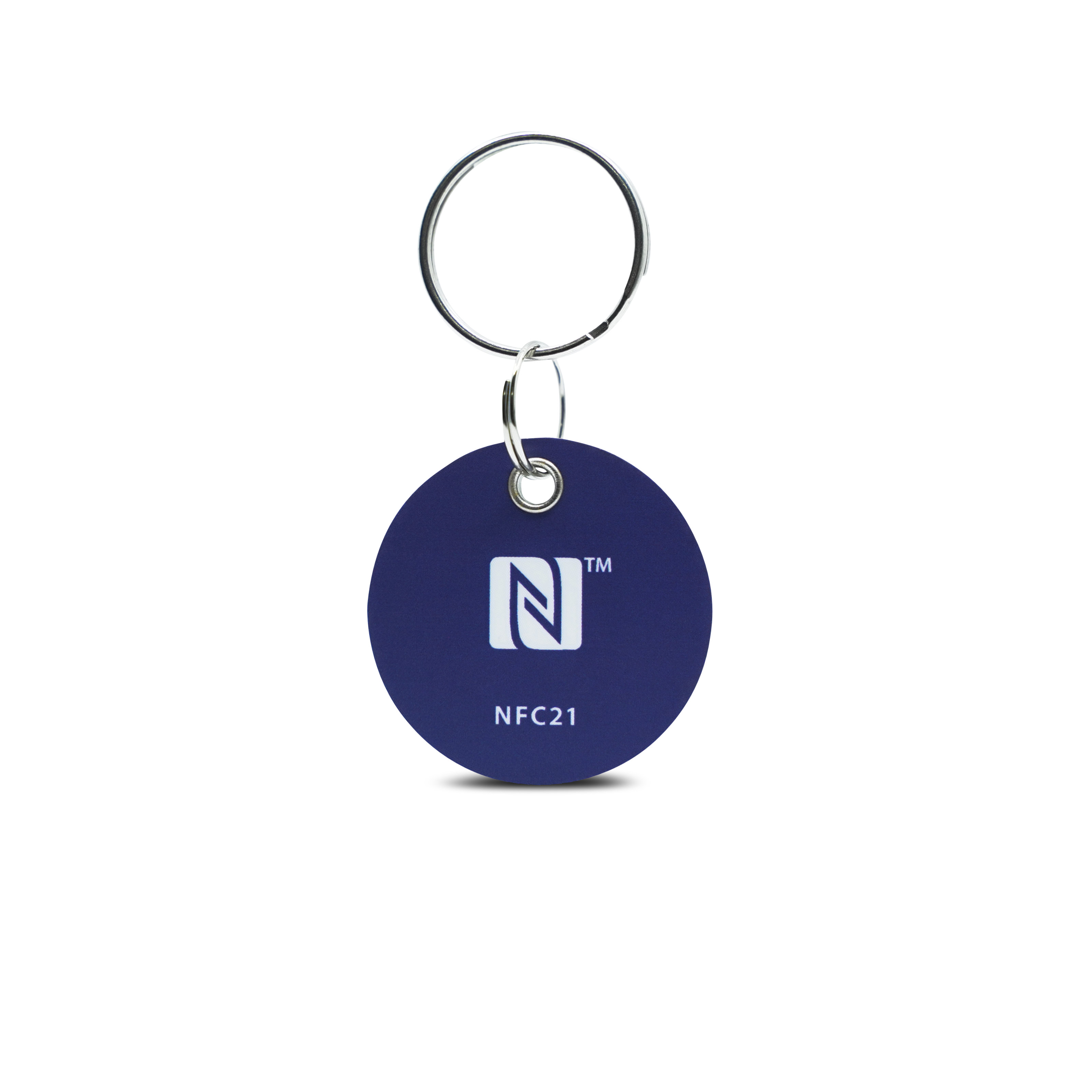 Vorderseite des NFC Schlüsselanhängers aus PVC in blau mit Metallring