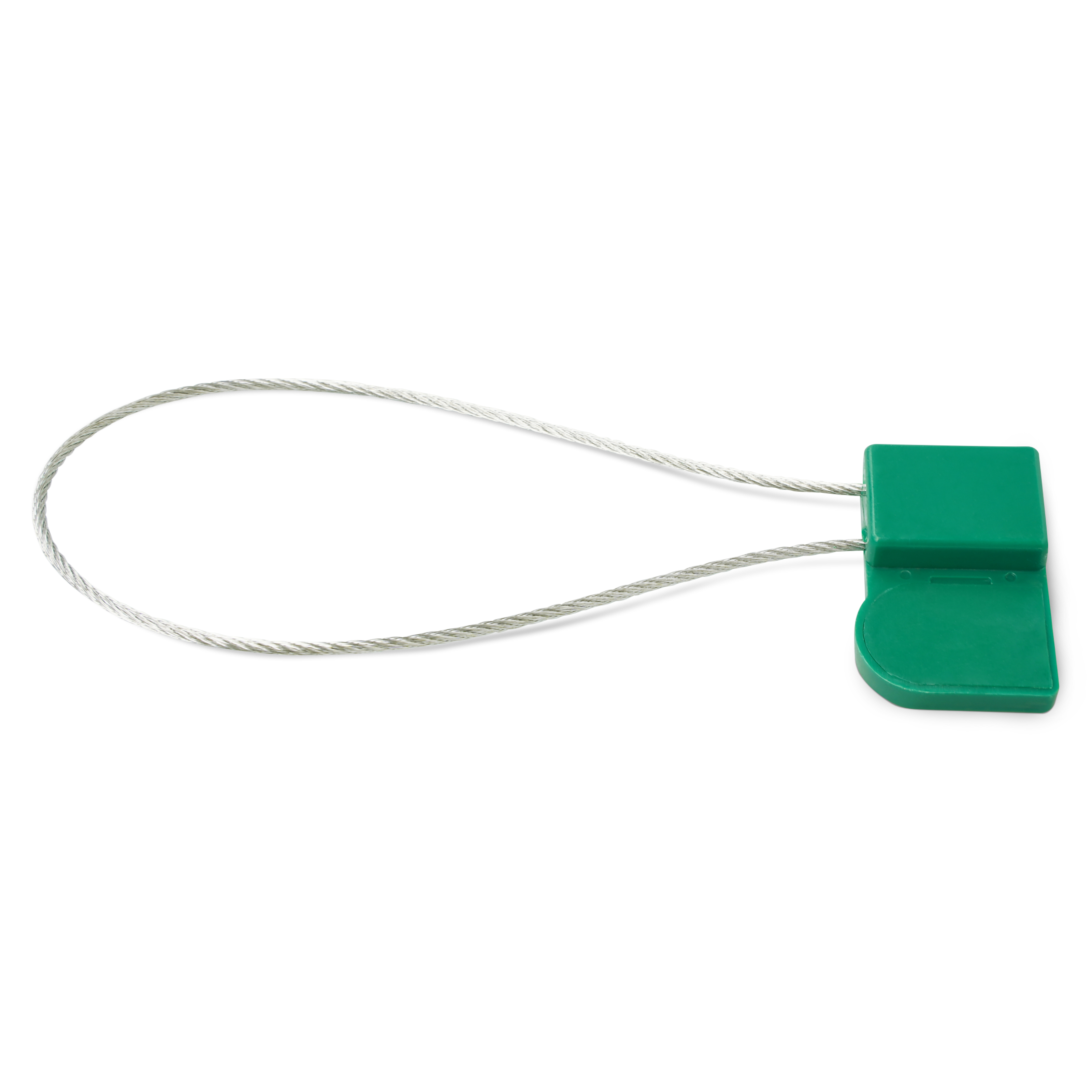 Seitlich liegende NFC Plombe mit Stahlschlaufe aus ABS in grün