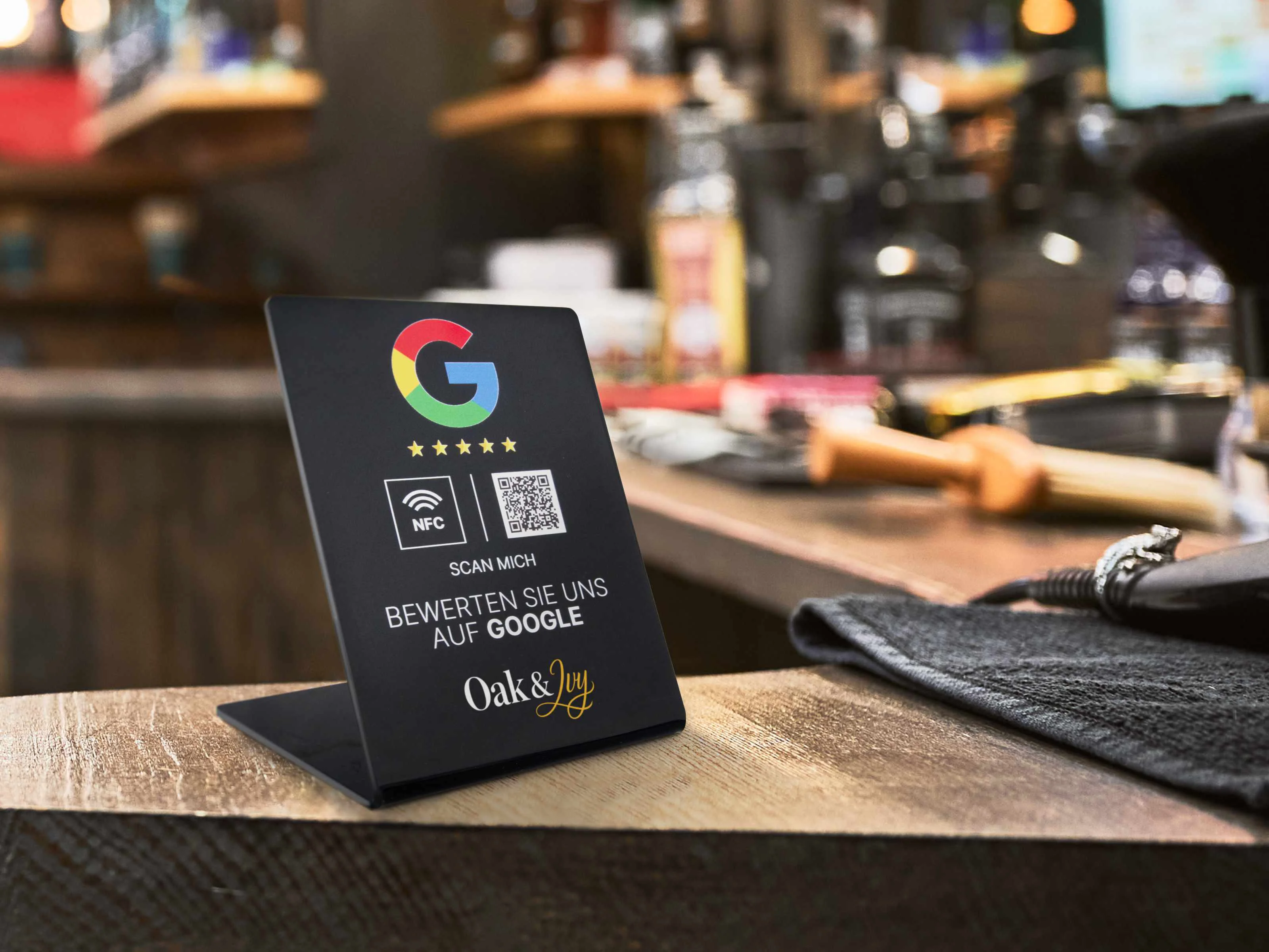 Google Bewertung NFC Aufsteller - Logodruck unten - Acryl - 110 x 150 mm - schwarz glänzend